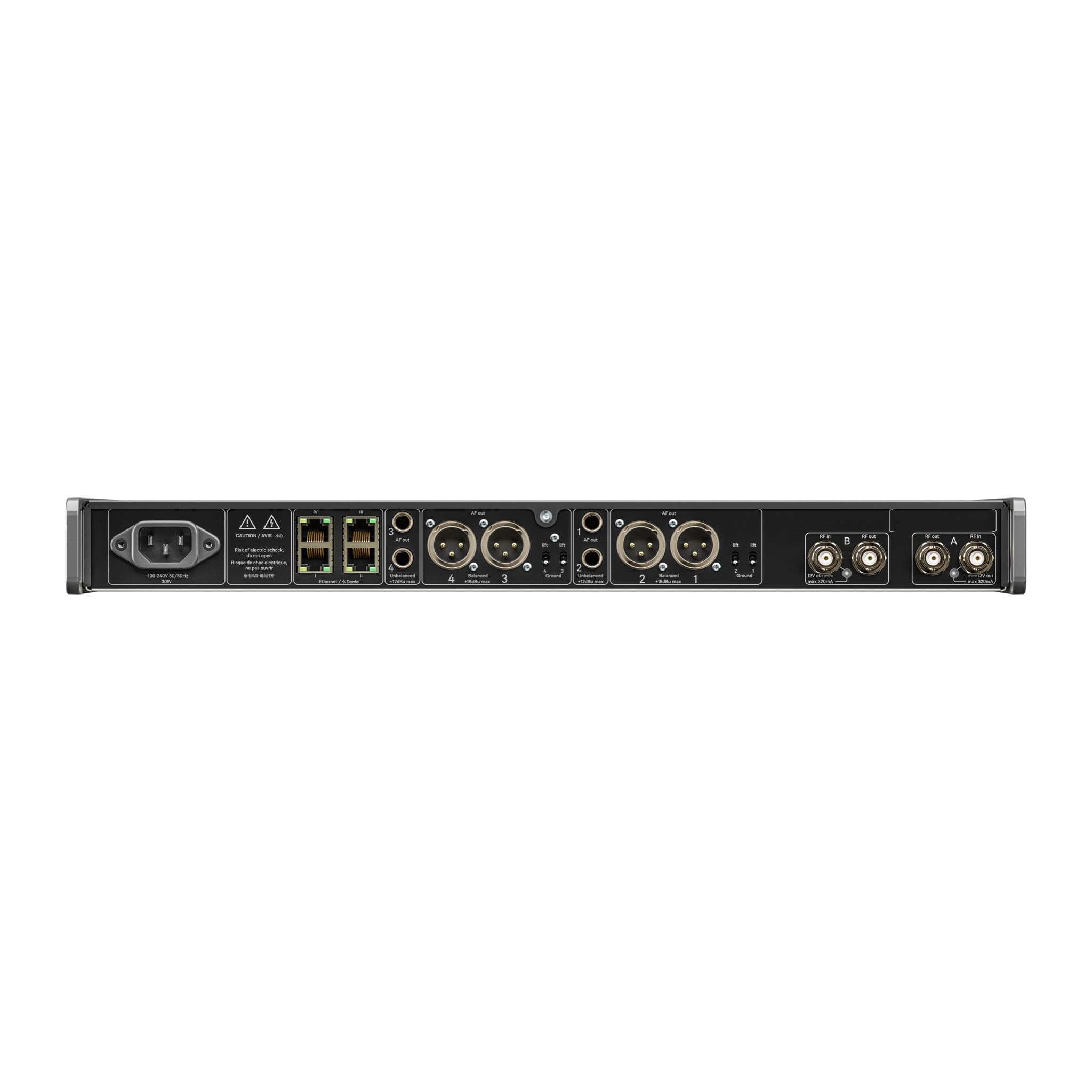 Sennheiser EW-DX EM 4 Dante rear panel with IEC inlet, Ethernet/Dante ports, XLR and jack outputs, BNC RF