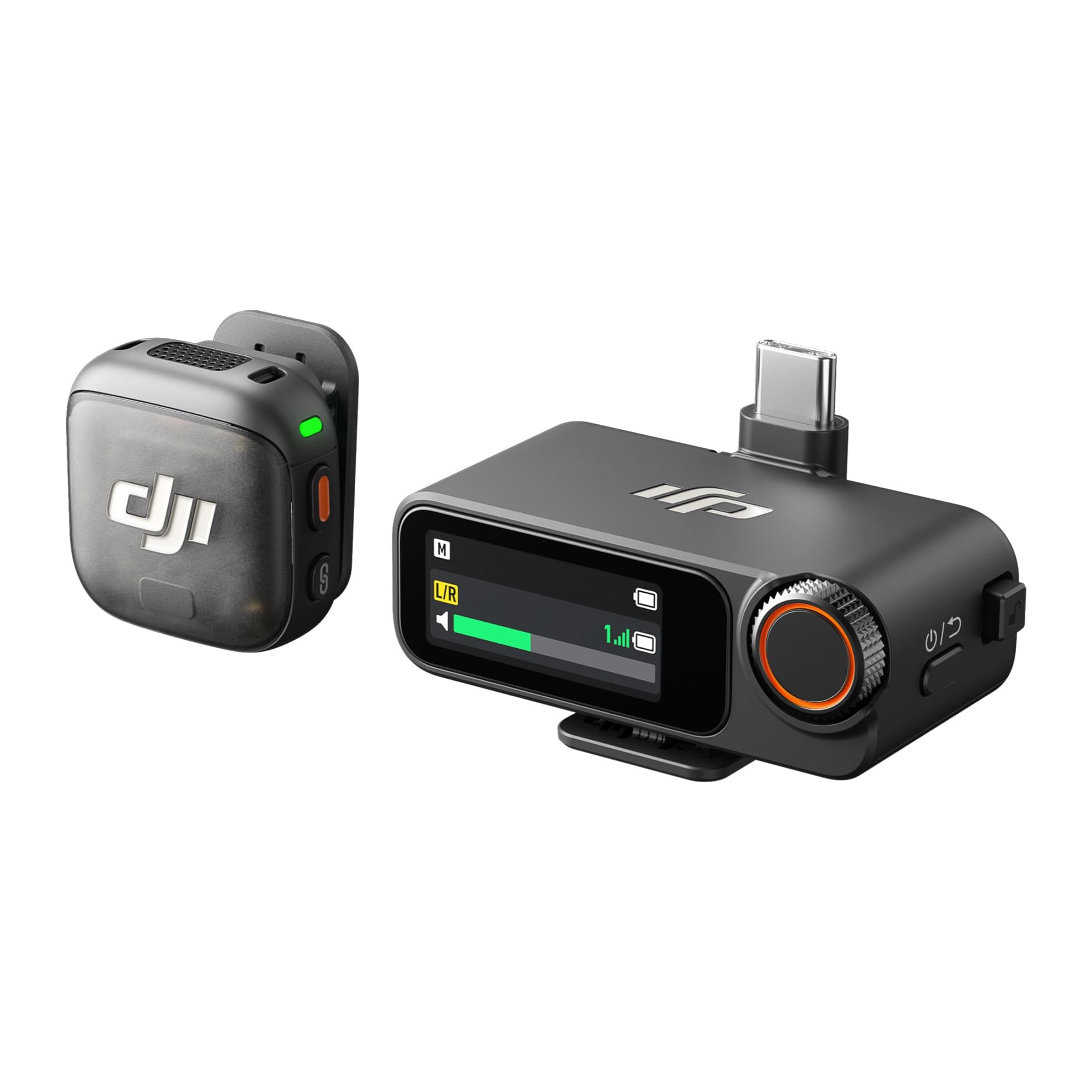 DJI Mic 3 transmitter and receiver side by side, three-quarter view with receiver screen and orange dial