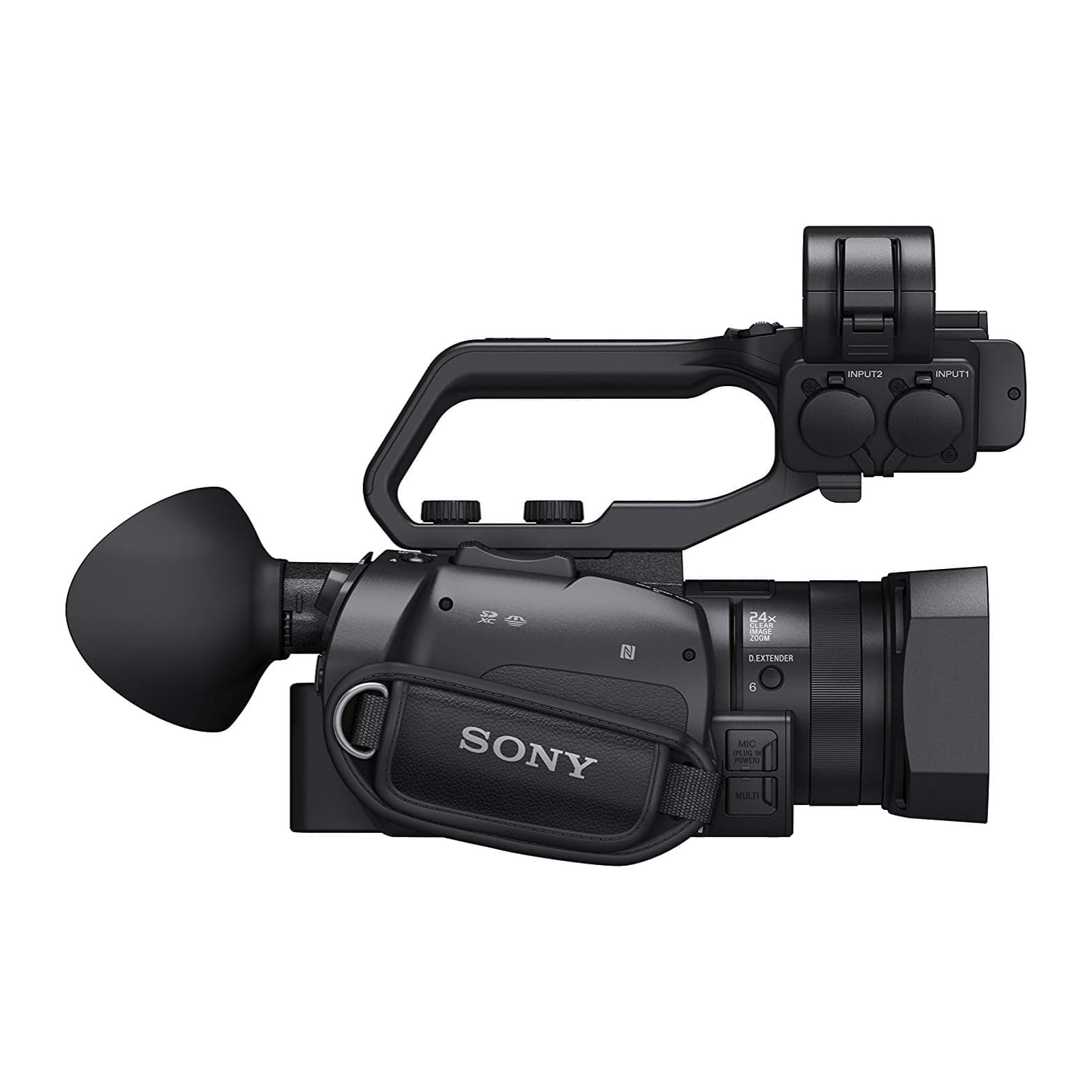 Sony PXW-X70 right side with hand strap, eyecup, top handle and XLR input block