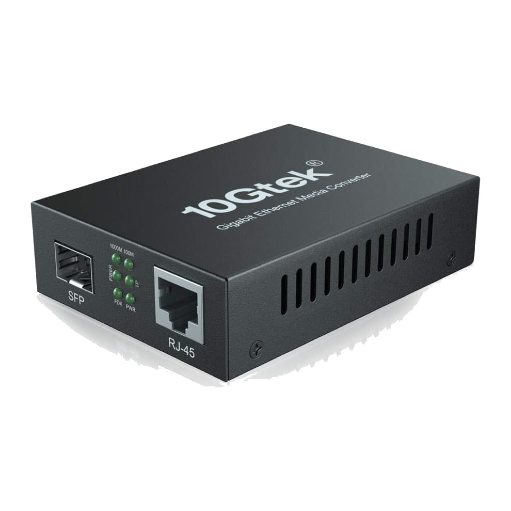 10Gtek G0101-SFP media converter alone: SFP cage, status LEDs and RJ45 port