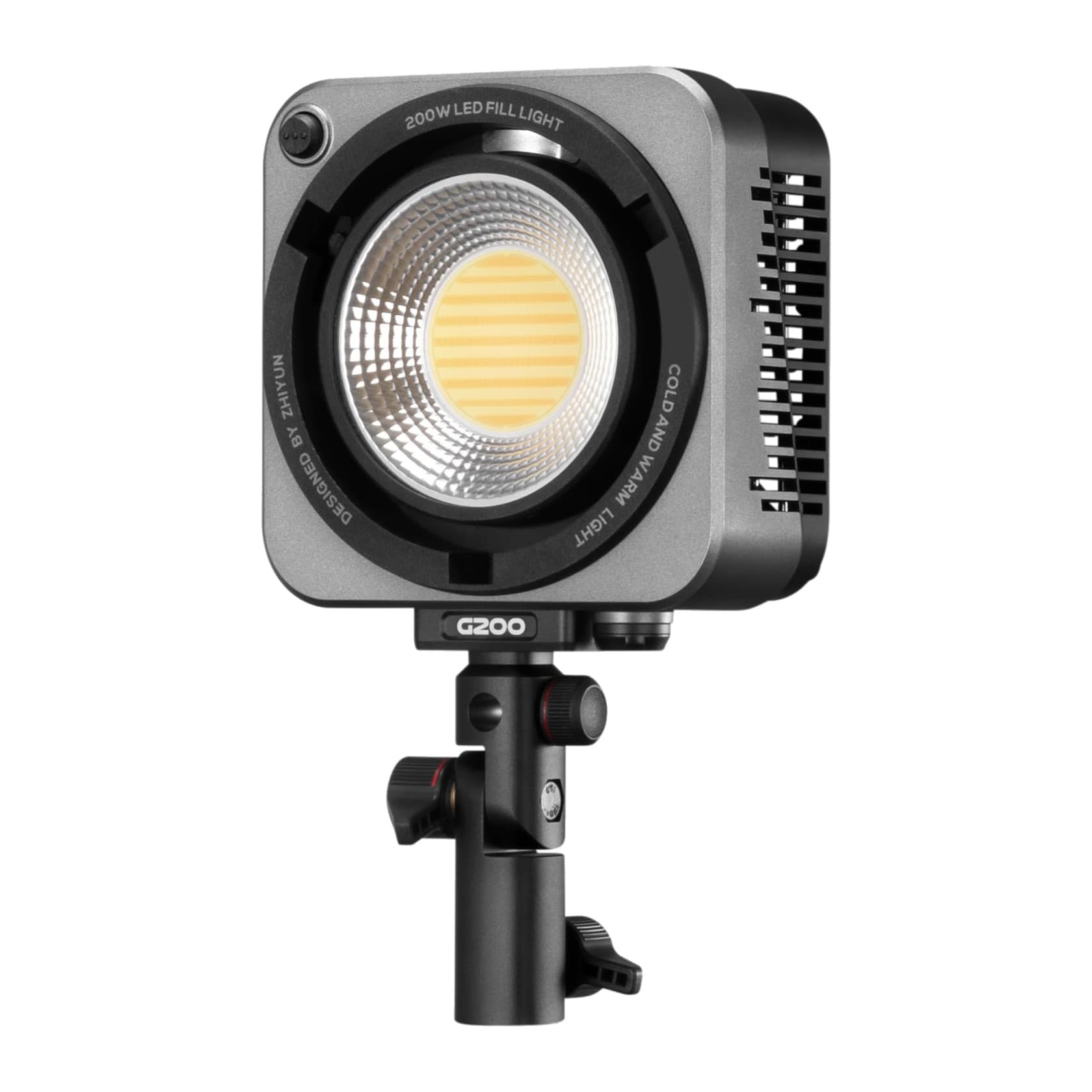 Zhiyun Molus G200 COB light seen from the front, Bowens mount and bracket