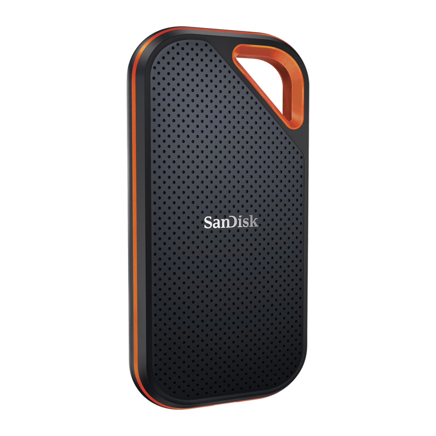 SanDisk Extreme PRO Portable SSD V2, left three-quarter view showing the aluminium side