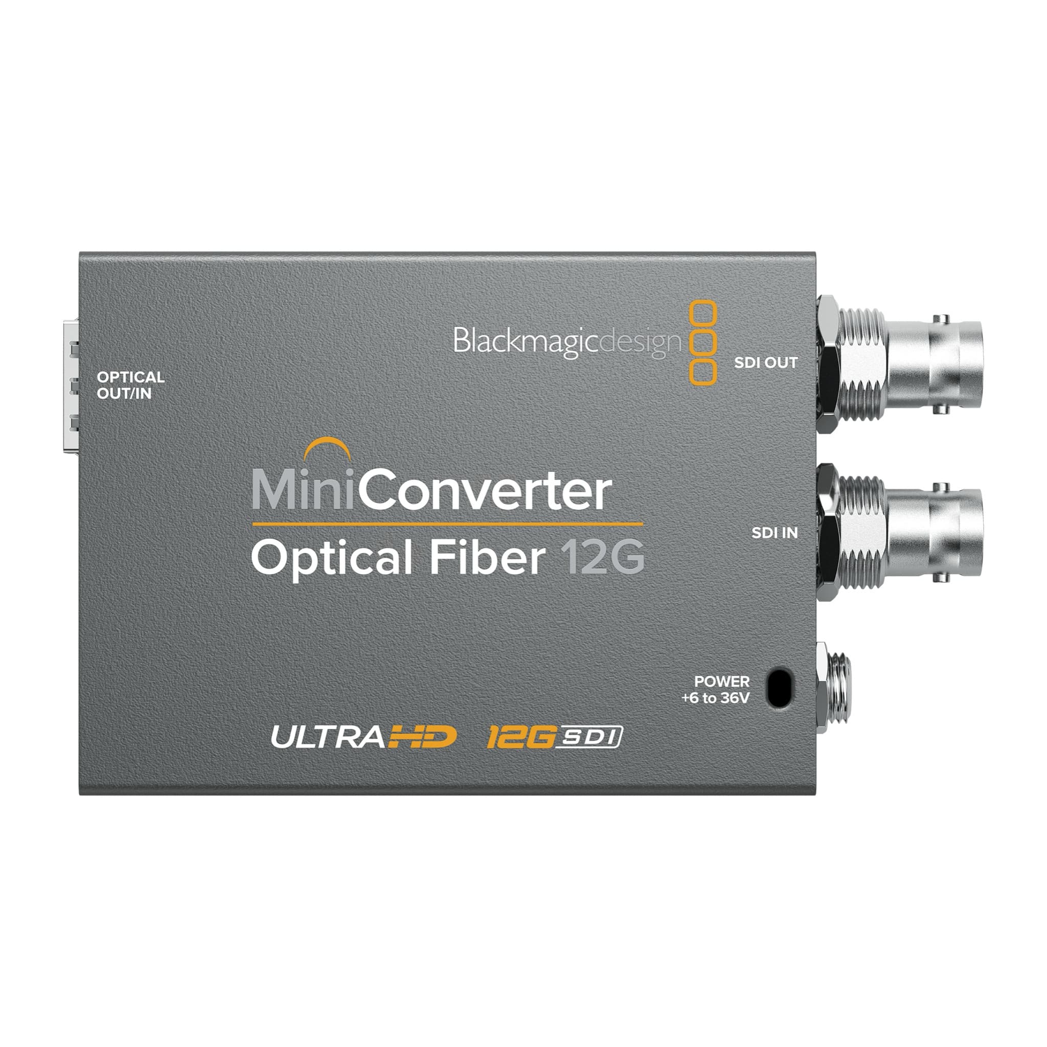 Top view of the Mini Converter Optical Fiber 12G with optical, SDI and power labels