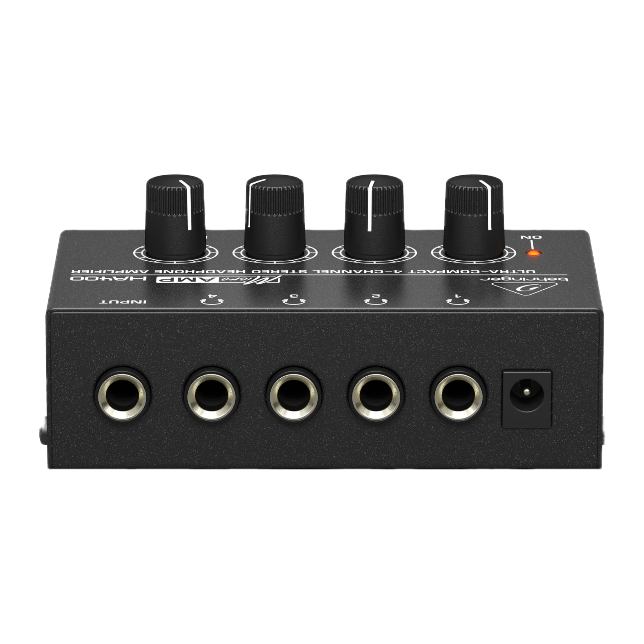 Behringer HA400 rear panel: input jack, four 1/4-inch headphone outputs and 12 V DC socket