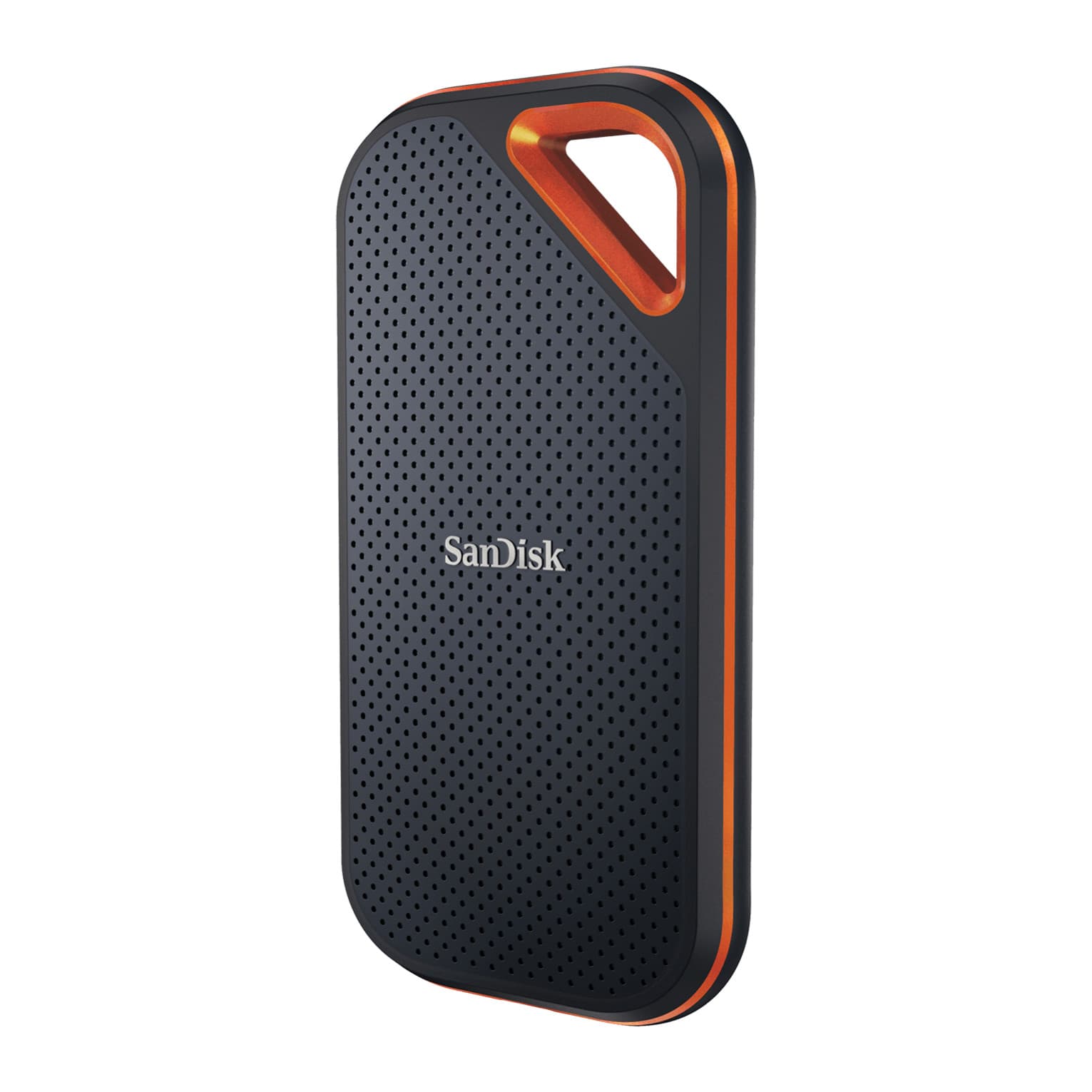 SanDisk Extreme PRO Portable SSD V2, right three-quarter view with carabiner loop