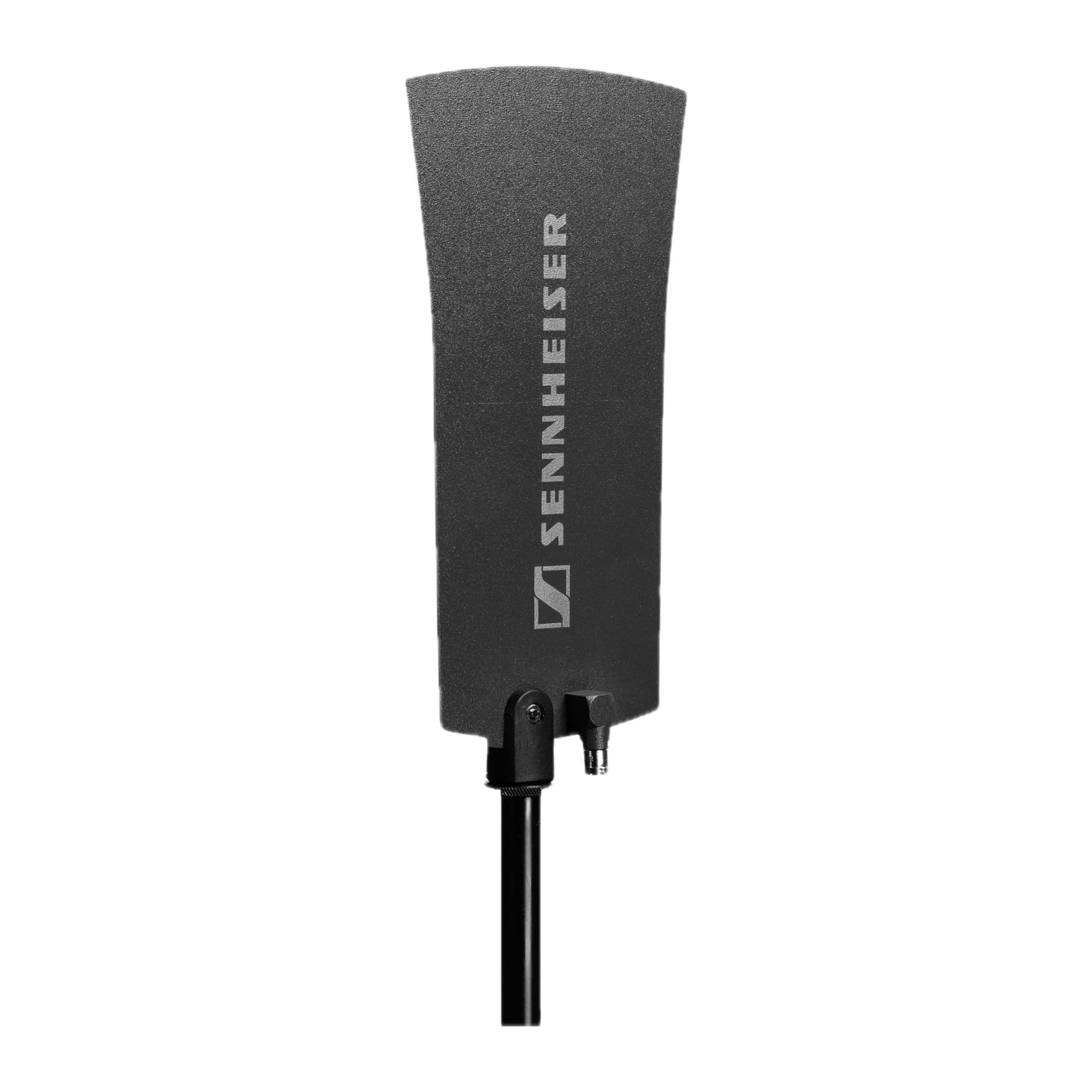 Sennheiser A 1031-U antenna fitted to a stand, showing the swivel mount and BNC connector