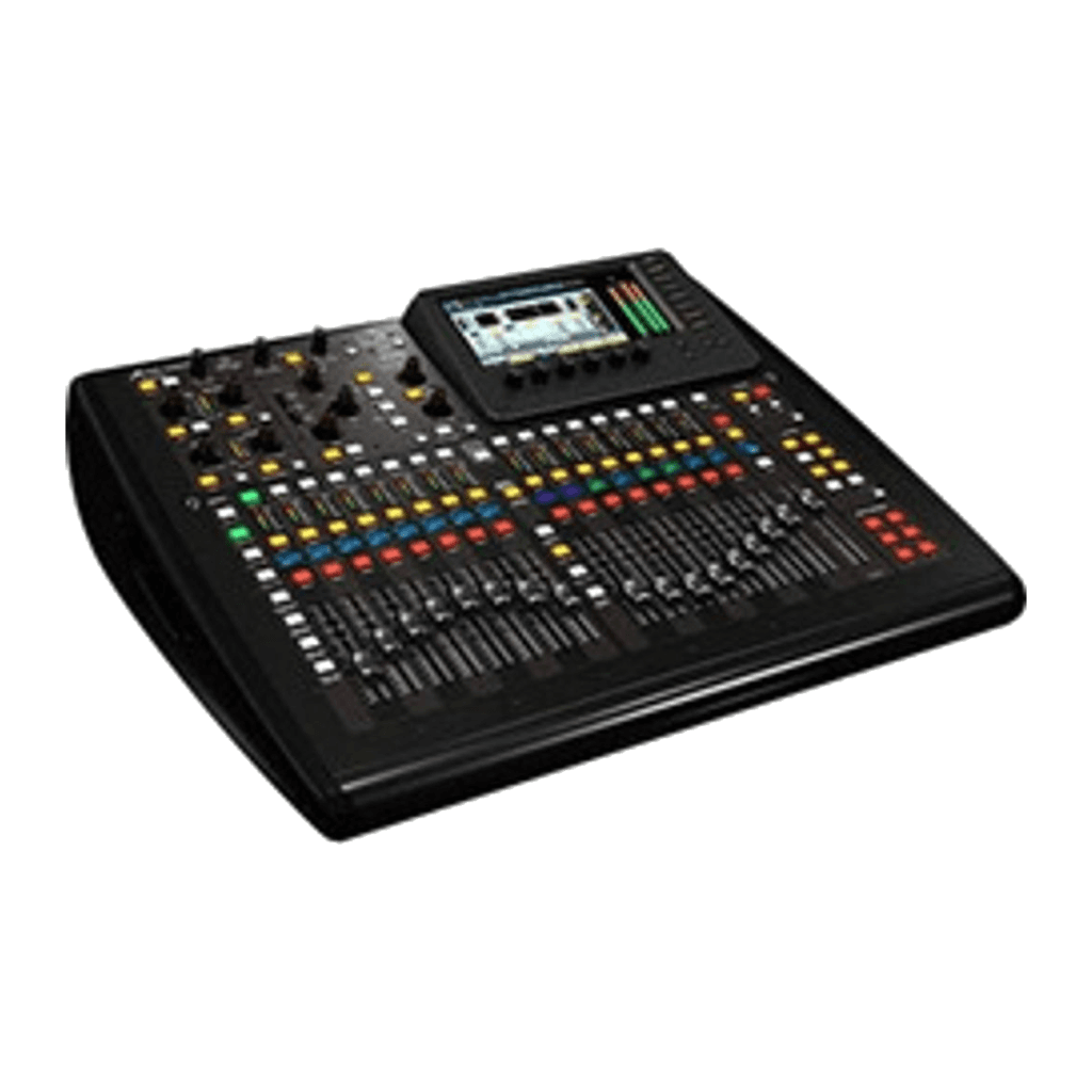 Behringer X32 Compact digital mixer at an angle, showing the motorised faders and 7-inch colour screen