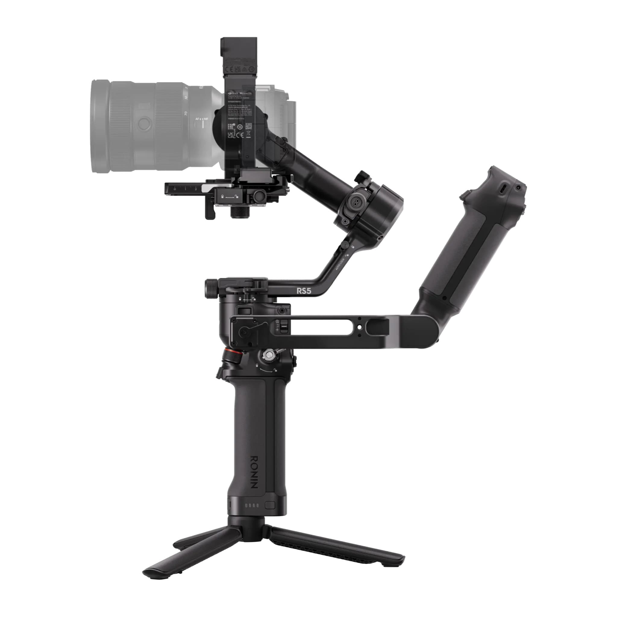 DJI RS 5 Combo side view with Electronic Briefcase Handle, BG33 grip and tripod; camera ghosted