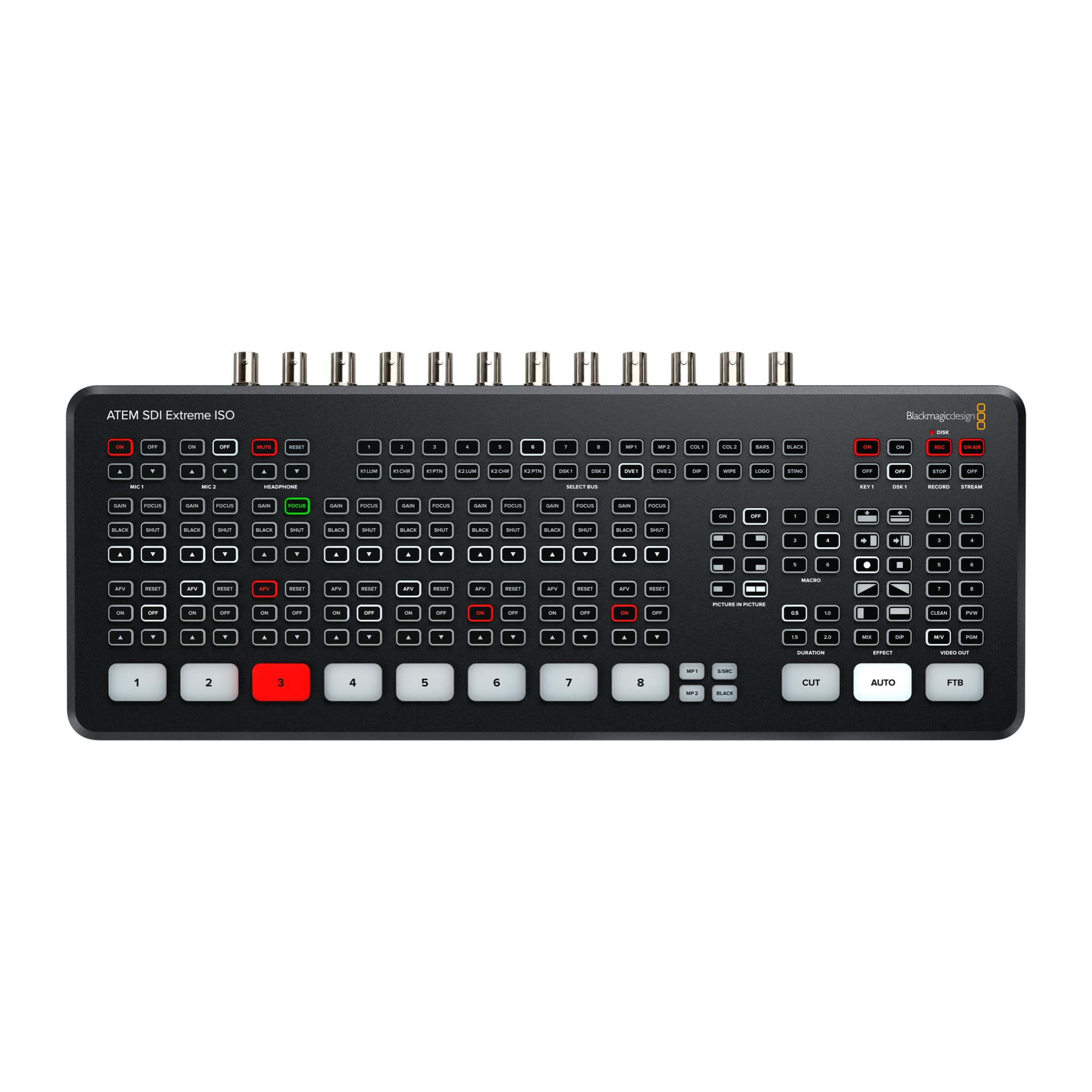 Top view of the ATEM SDI Extreme ISO with source, transition, audio and record buttons