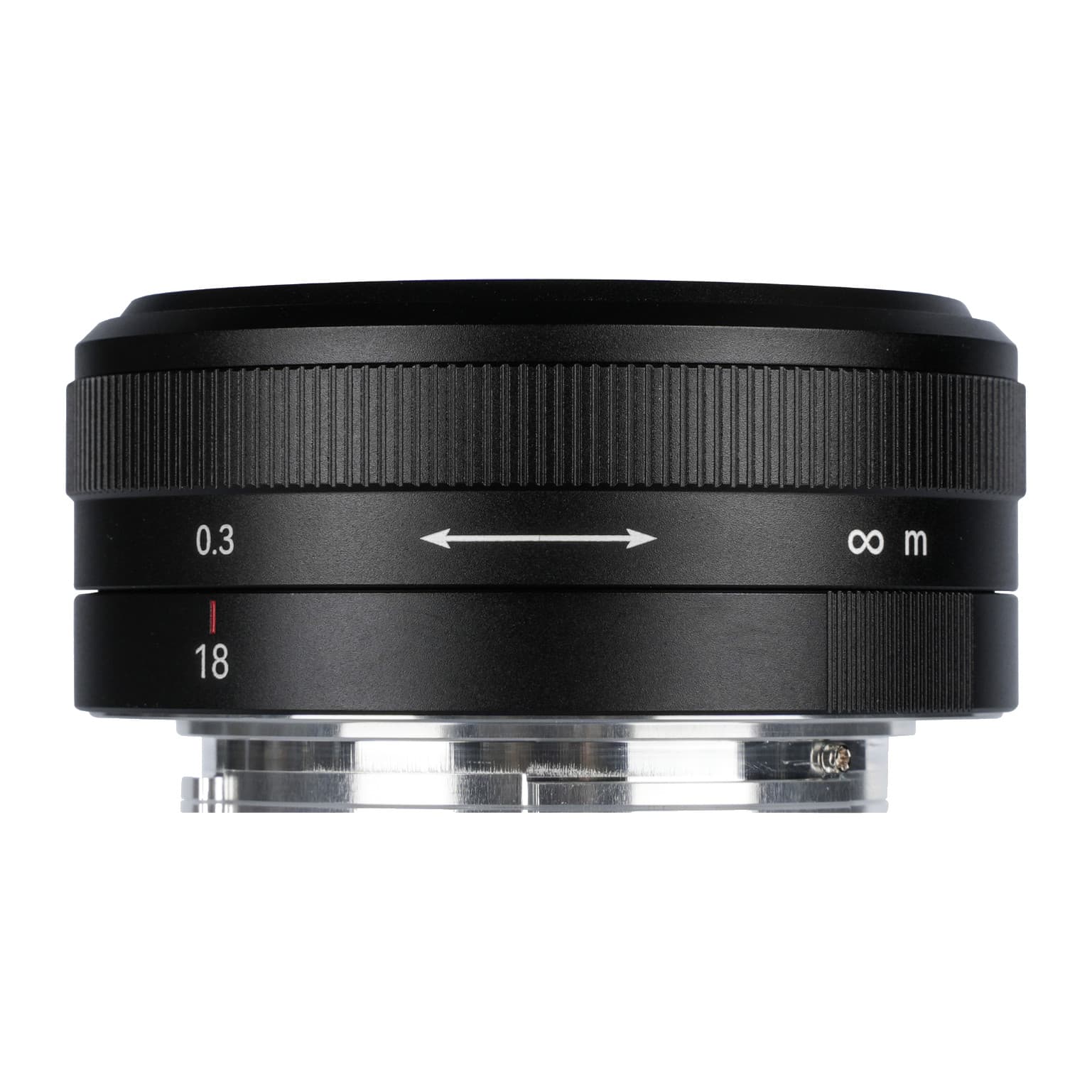 7Artisans 18mm F5.6 side profile with 0.3 m to infinity focus scale and metal mount