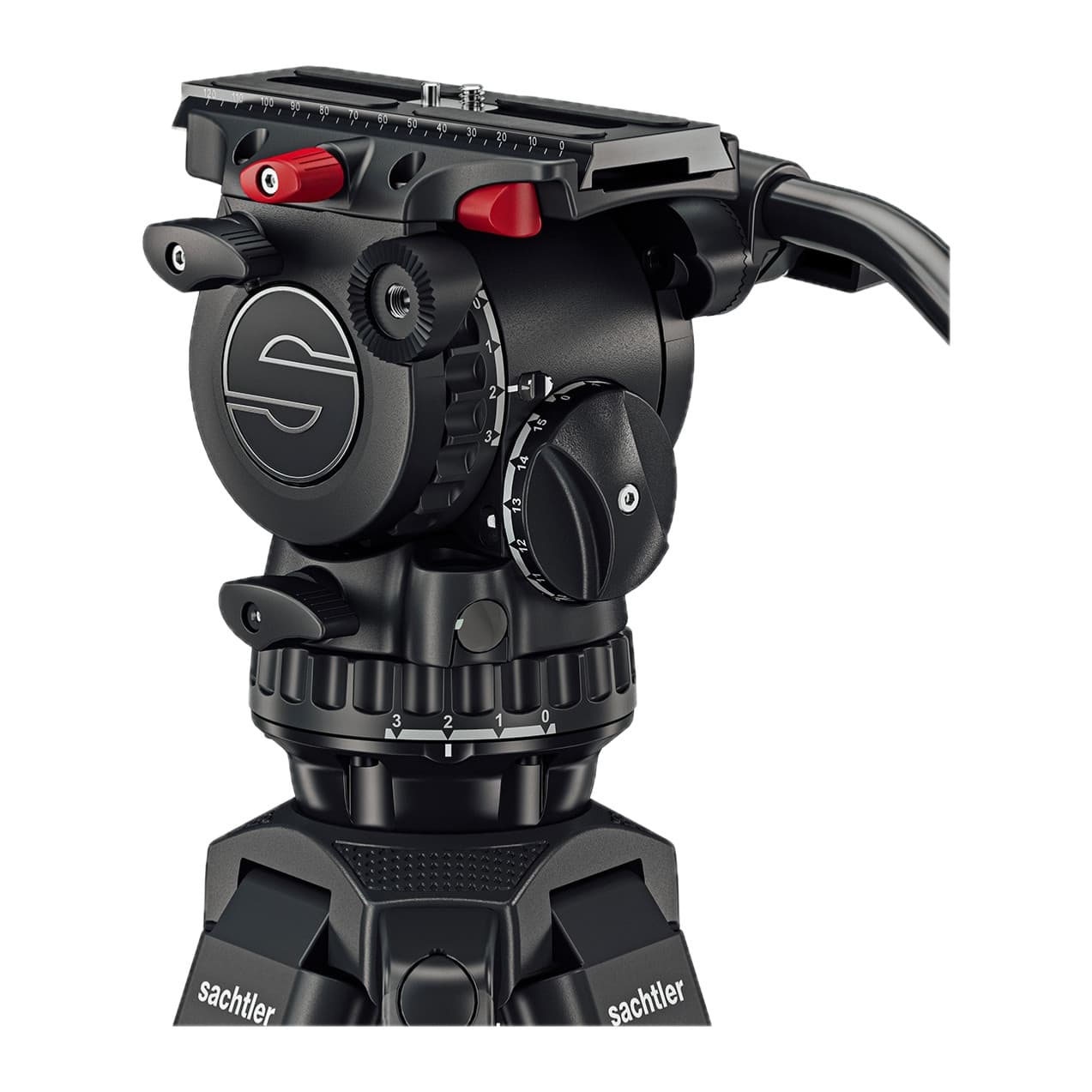 Sachtler FSB 6 Mk II fluid head close-up: sideload plate, red locks and drag dials