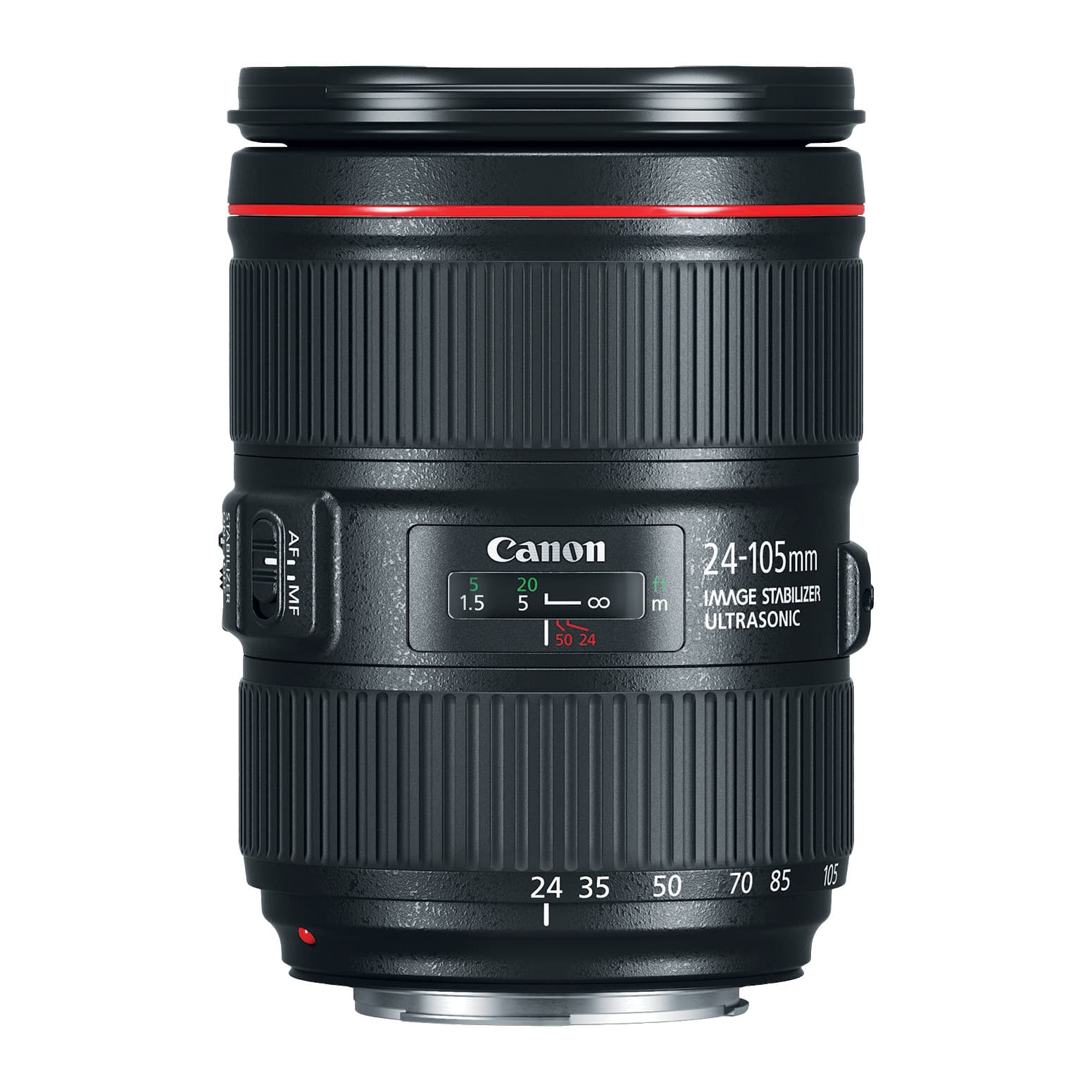 Canon EF 24-105mm f/4L IS II USM lens standing upright, side view with zoom scale and switches