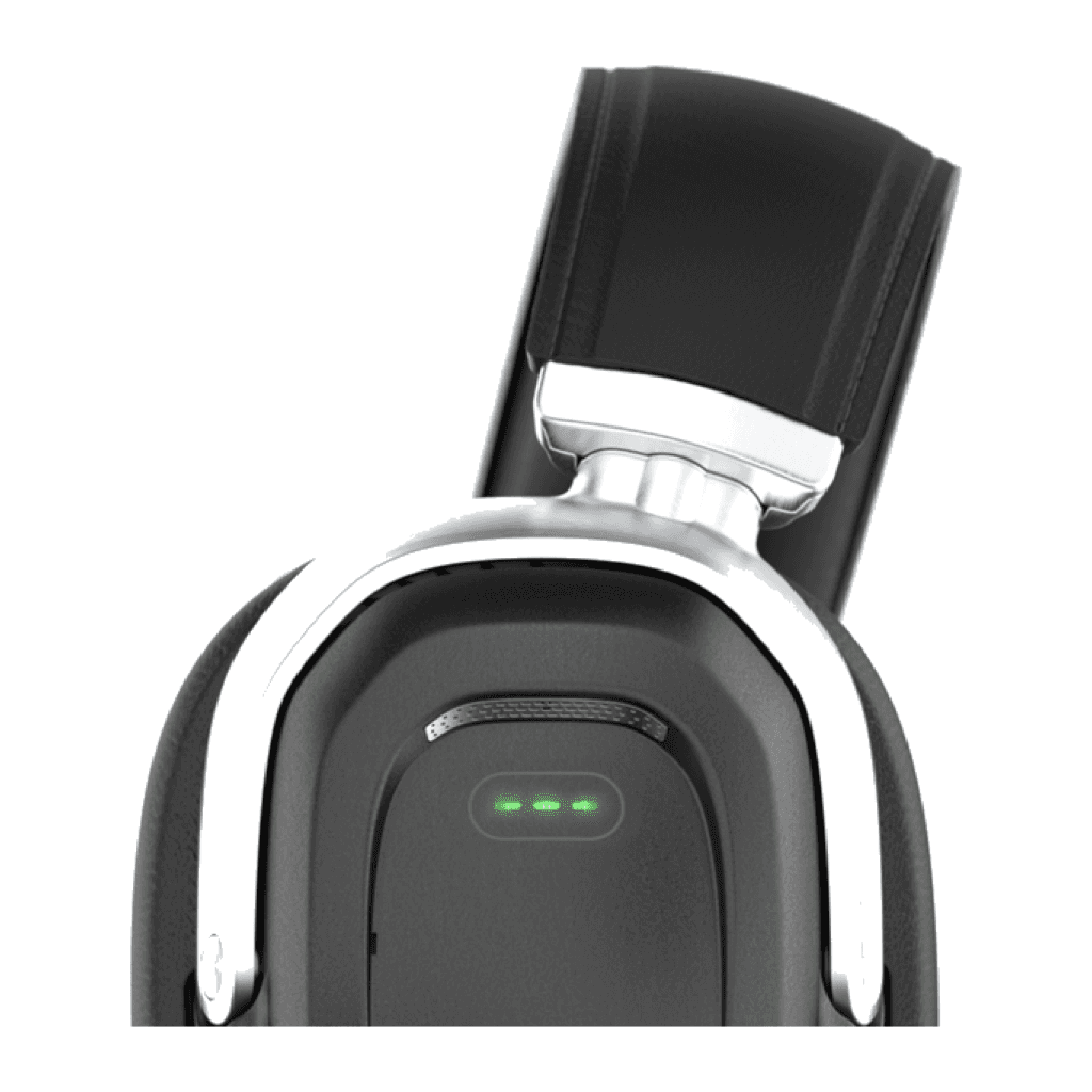 Close-up of an AceZone A-Live ear cup showing the three green Admin Detection System LEDs