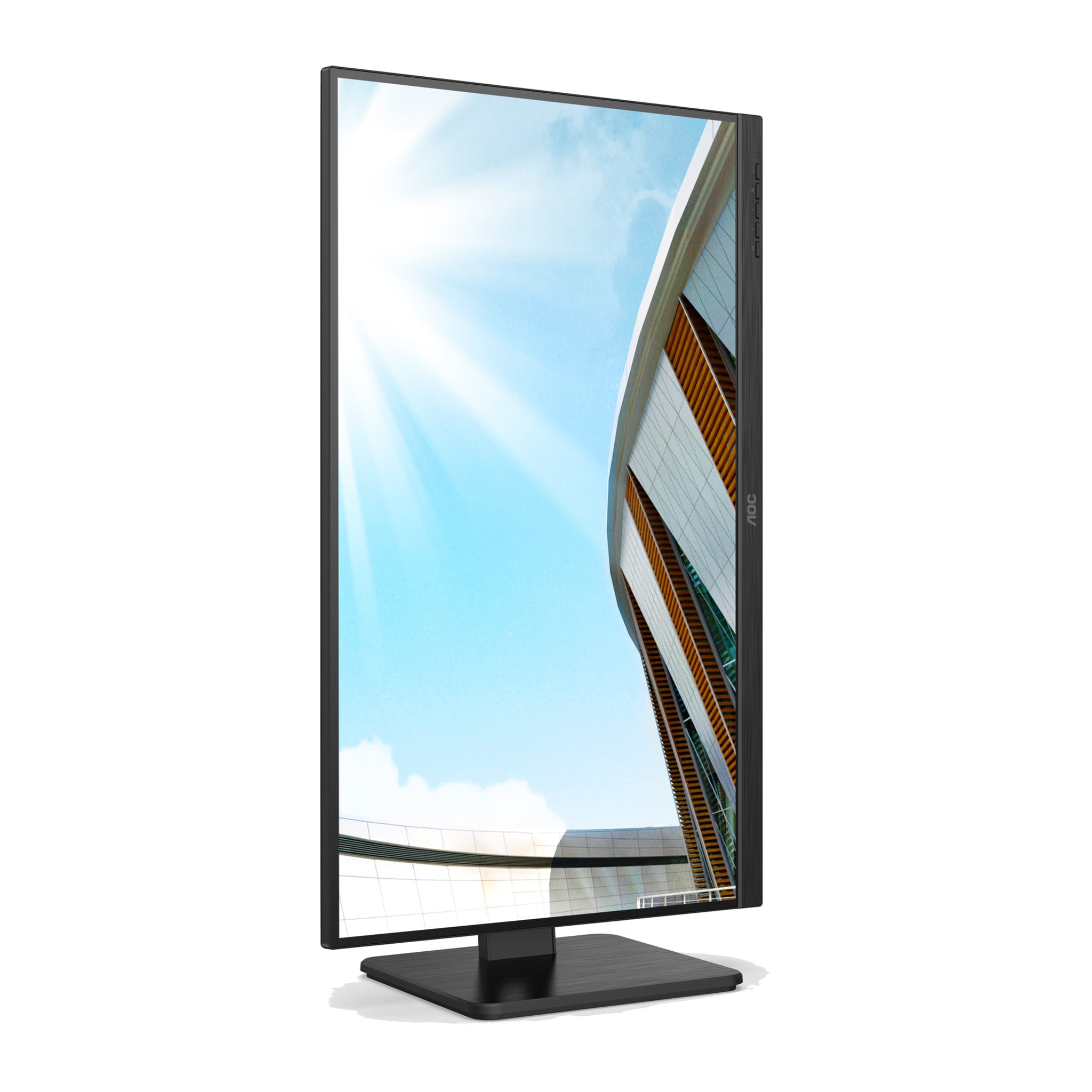 AOC 27P2Q monitor pivoted to portrait orientation on its stand
