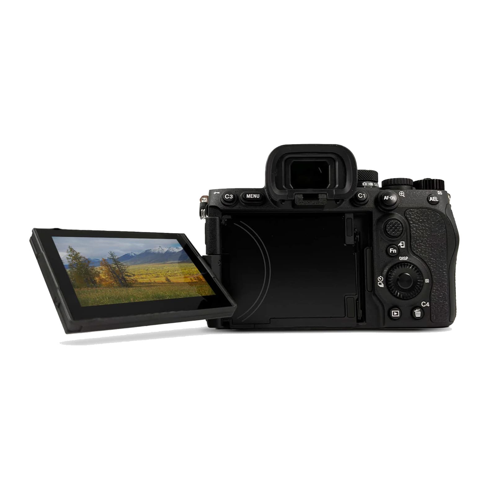 Sony A7R V rear with the 4-axis multi-angle LCD swung out to the side