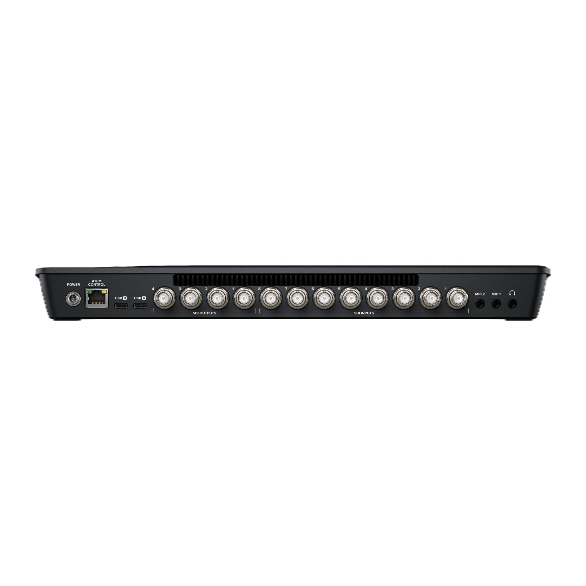 Rear of the ATEM SDI Extreme ISO: power, Ethernet, USB-C, SDI inputs and outputs, mic and headphone
