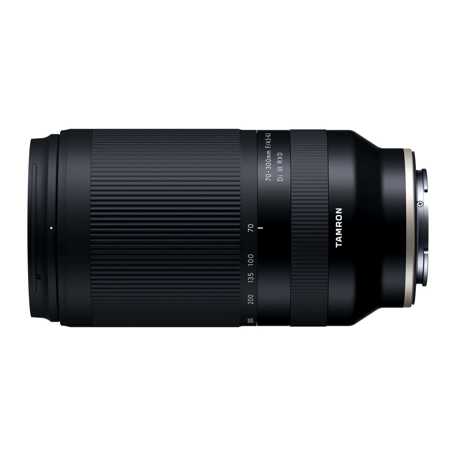 Tamron 70-300mm Di III RXD lying horizontally, side view with zoom scale and Tamron branding
