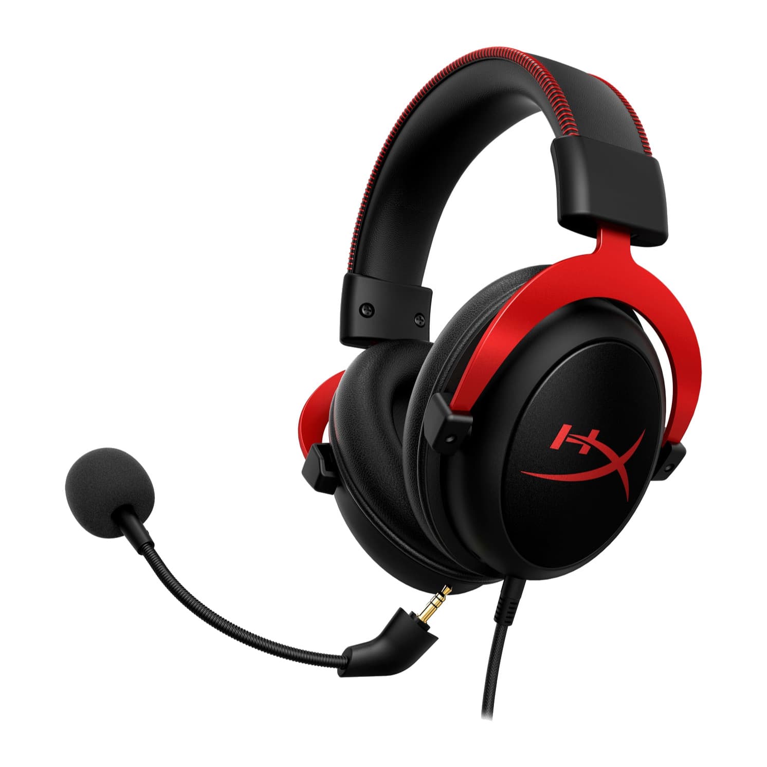 HyperX Cloud II red headset with the detachable mic unplugged beside the ear cup