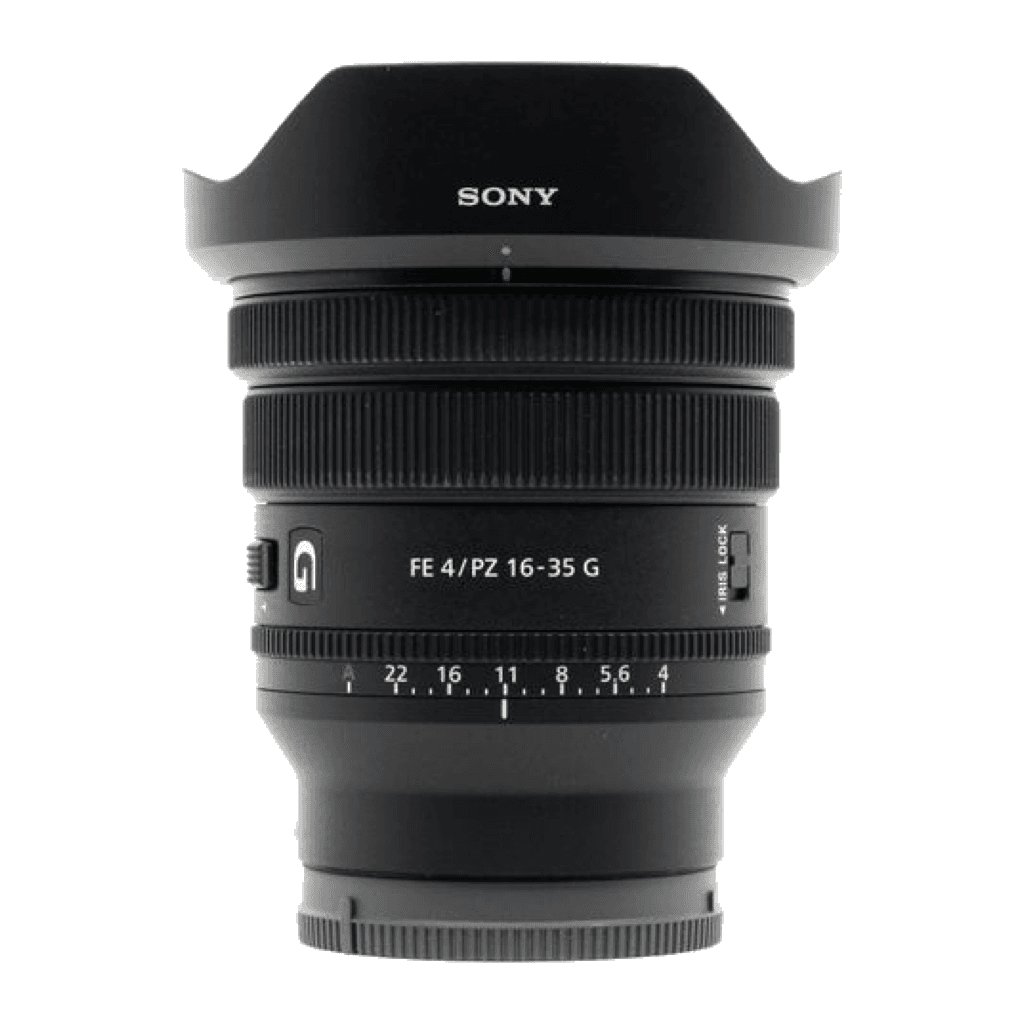 Sony FE PZ 16-35mm F4 G power zoom lens with petal hood fitted, side view