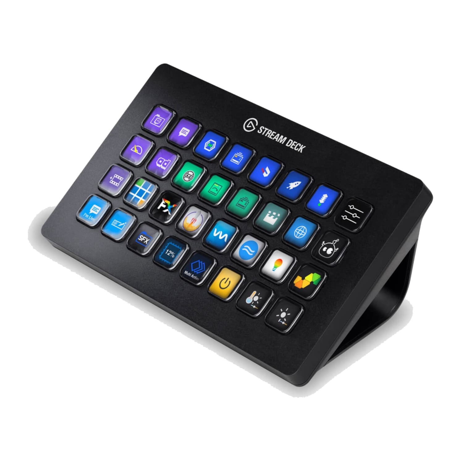 Elgato Stream Deck XL from the right, showing the magnetic stand and slim body
