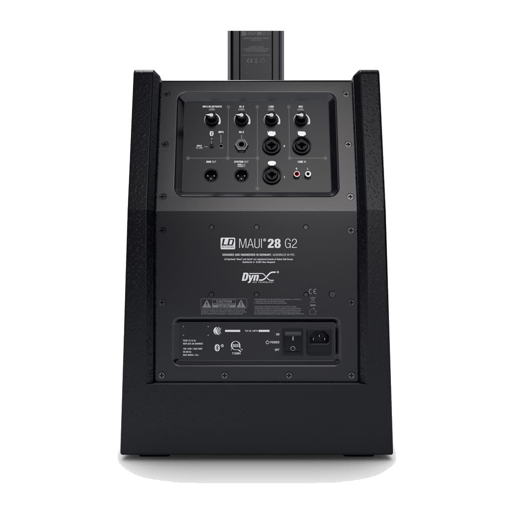 Rear of the Maui 28 G2 subwoofer with the 4-channel mixer, inputs and IEC power socket