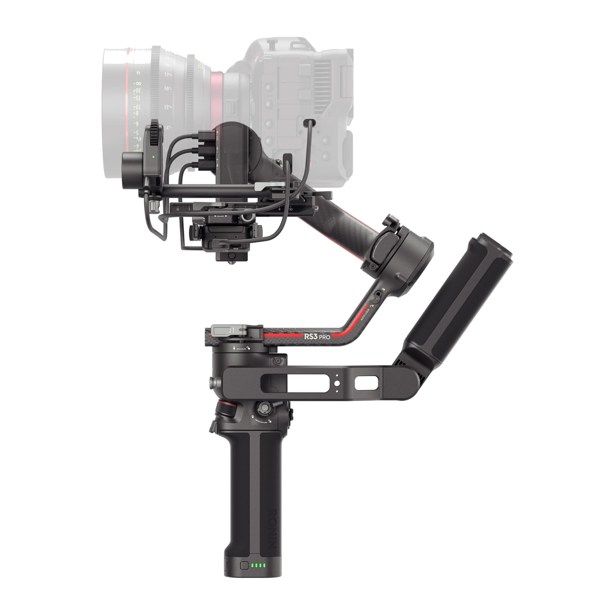 DJI RS 3 Pro side view with Briefcase Handle, BG30 grip and focus motor; cinema camera ghosted