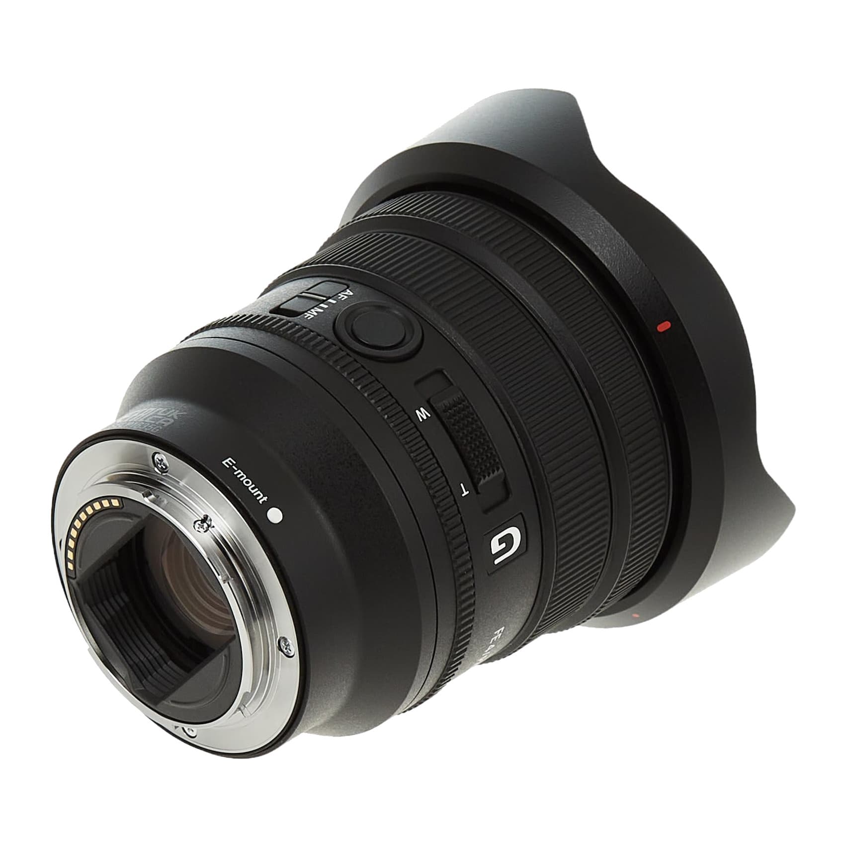 Sony FE PZ 16-35mm F4 G lens from the rear with petal hood fitted, showing the E-mount contacts