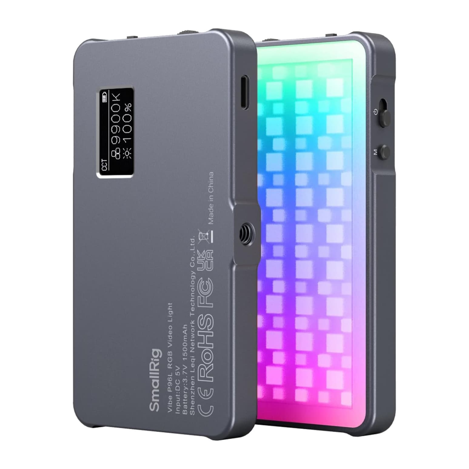 SmallRig Vibe P96L back panel with OLED display and USB-C port beside the lit RGB front