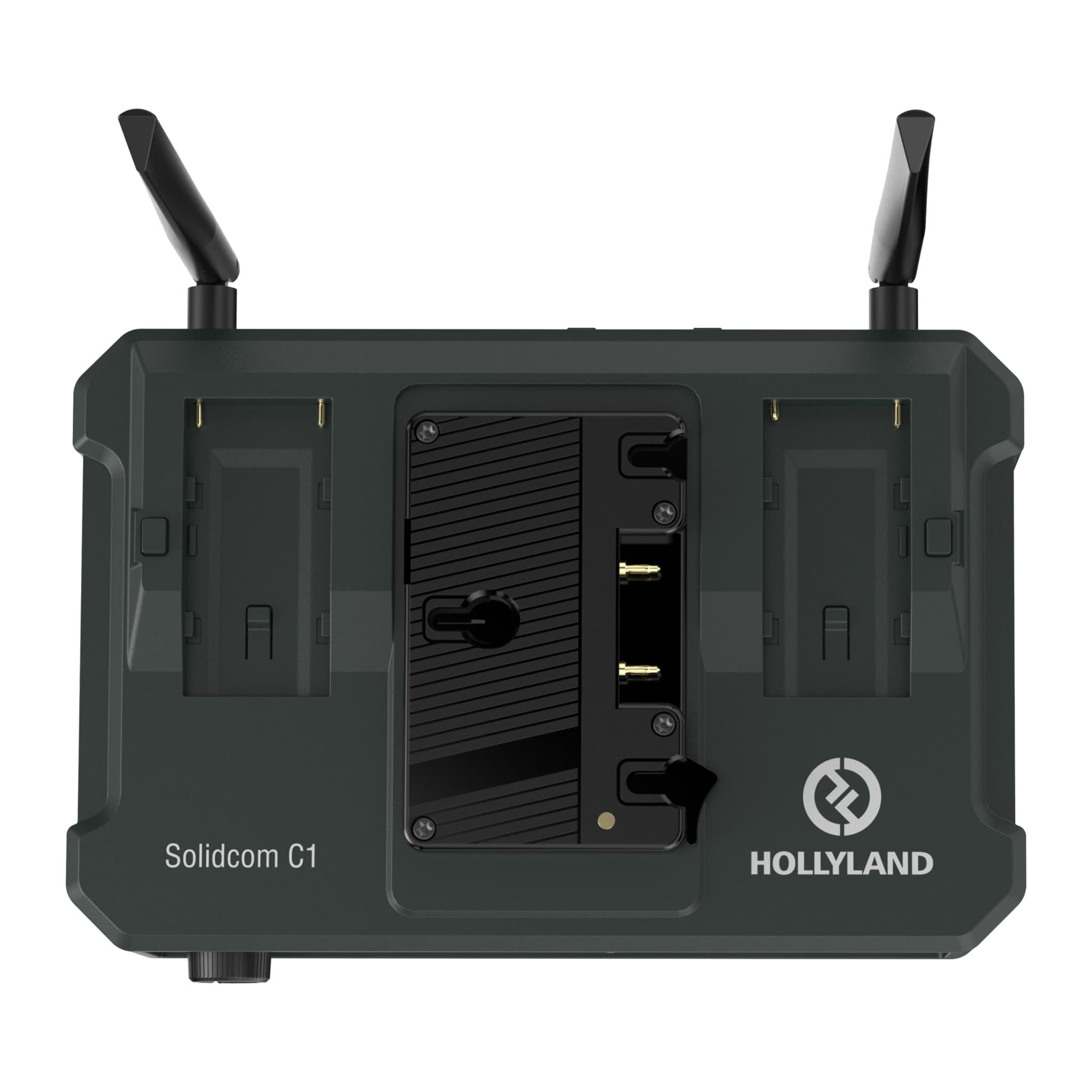 Solidcom C1 Pro hub seen from above, showing the V-mount battery plate and folded antennas