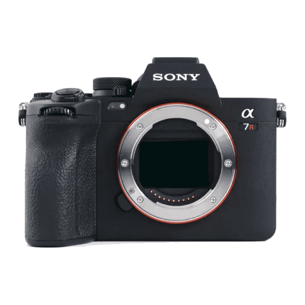 Sony A7R V body, front view with the E-mount open and the sensor visible