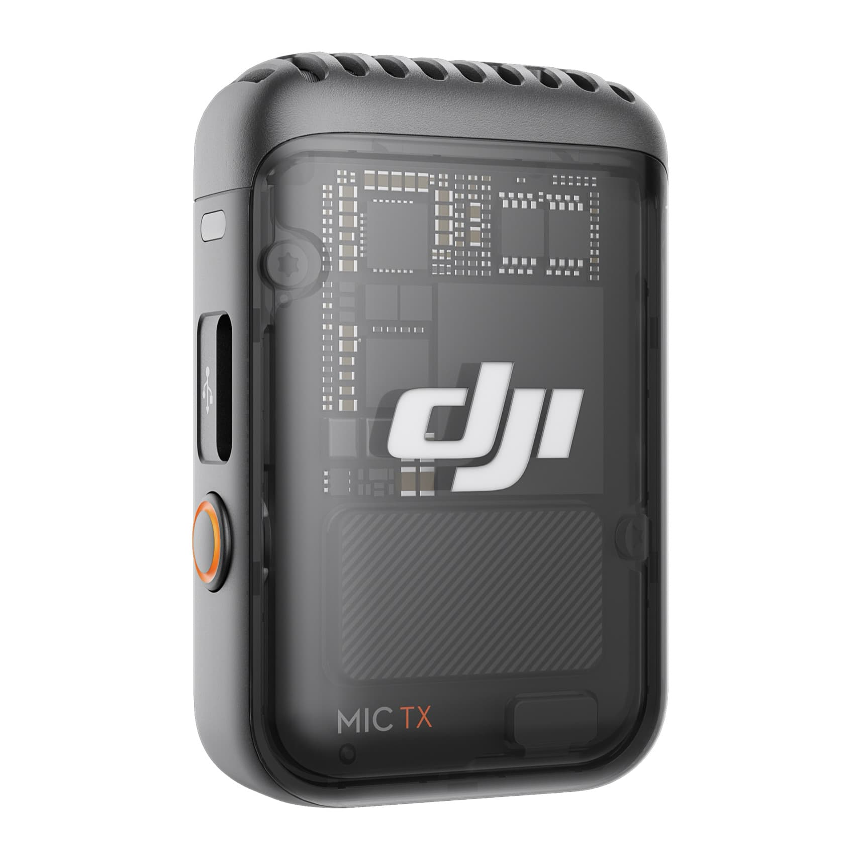 DJI Mic 2 transmitter in Shadow Black, three-quarter view with clear front and record button