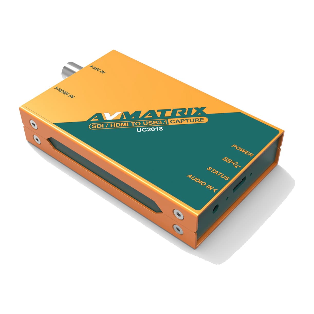 AVMATRIX UC2018 from the other end, showing the USB-C output, audio in jack and status LEDs