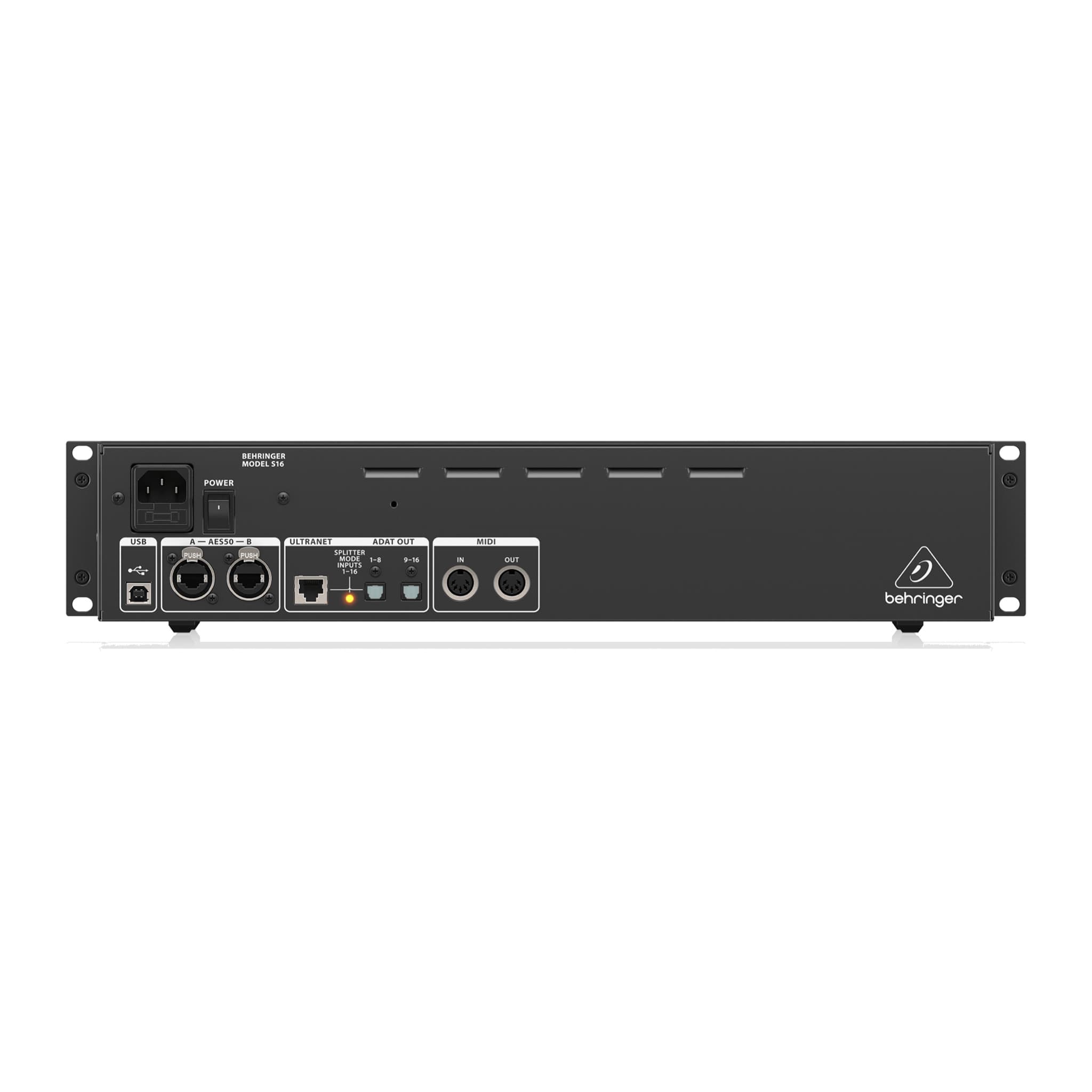 Behringer S16 rear panel: IEC power, USB, two AES50 ports, Ultranet, ADAT outputs and MIDI in/out