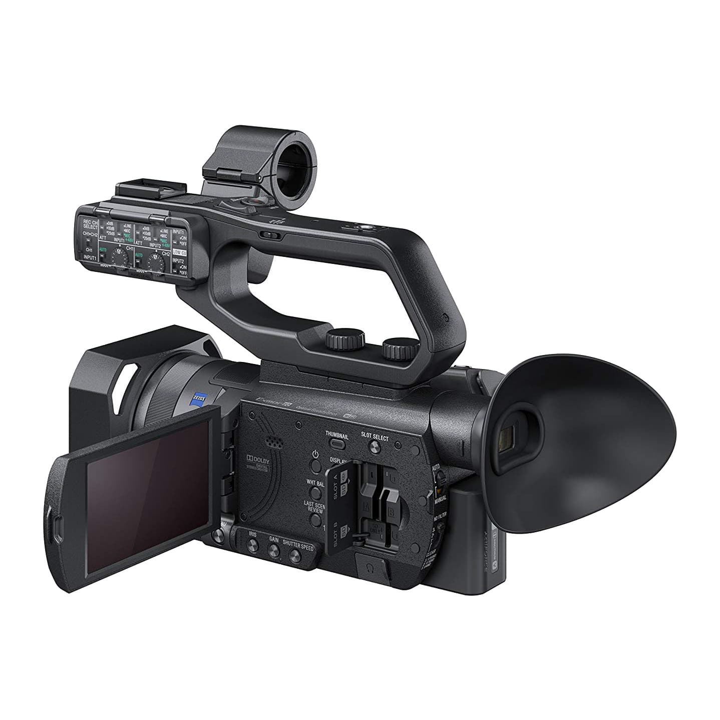 Sony PXW-X70 left side with the LCD panel flipped out and side control buttons