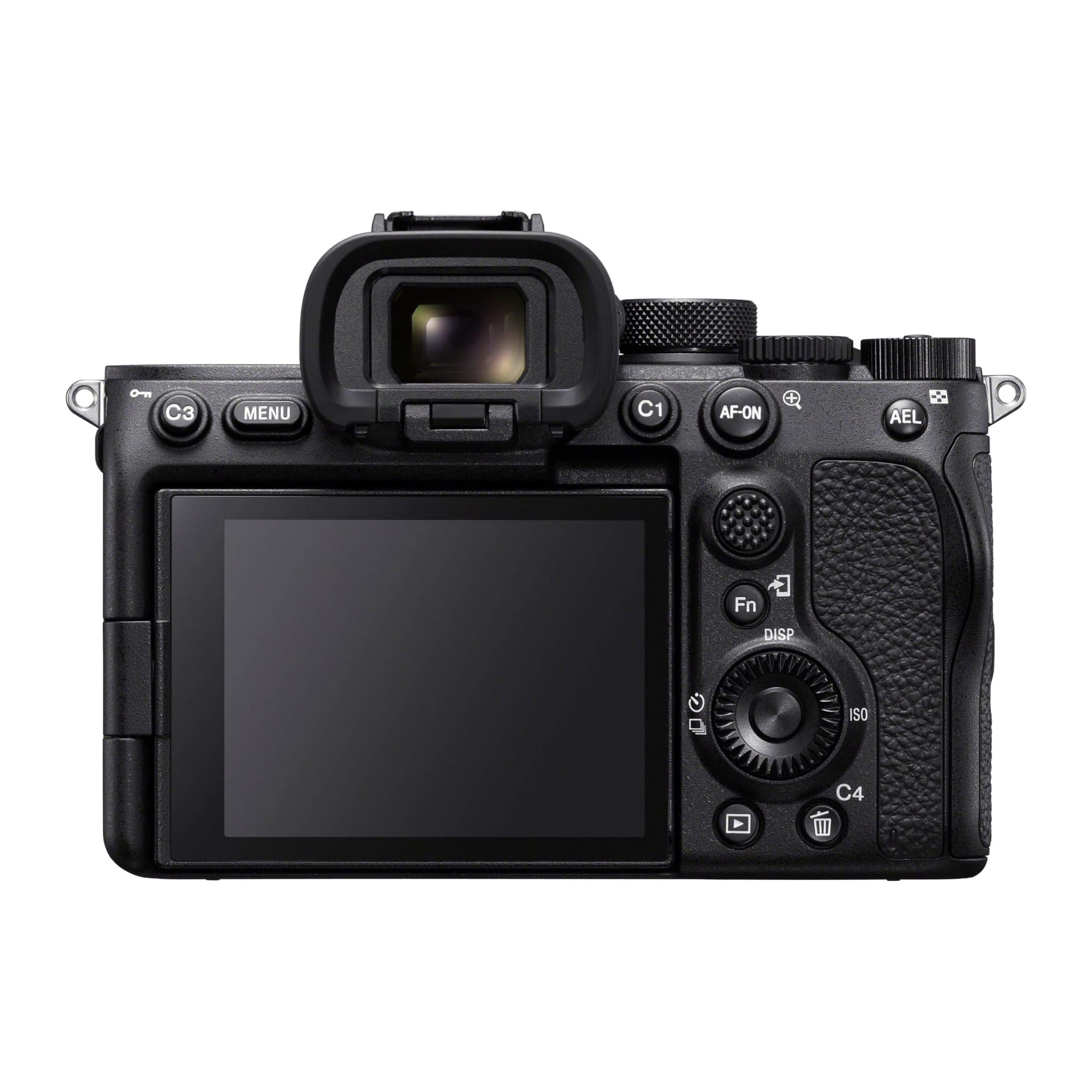 Sony A7S III rear view with vari-angle LCD, viewfinder eyecup, joystick and control wheel