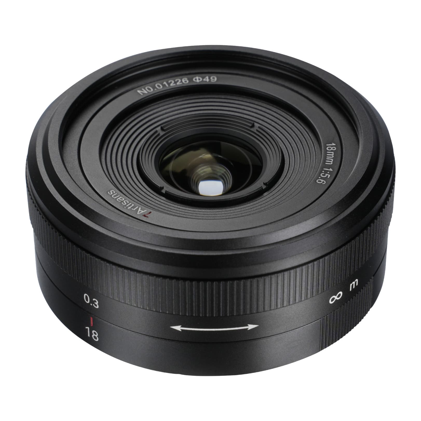 7Artisans 18mm F5.6 pancake lens, front view showing the front element and focus distance scale