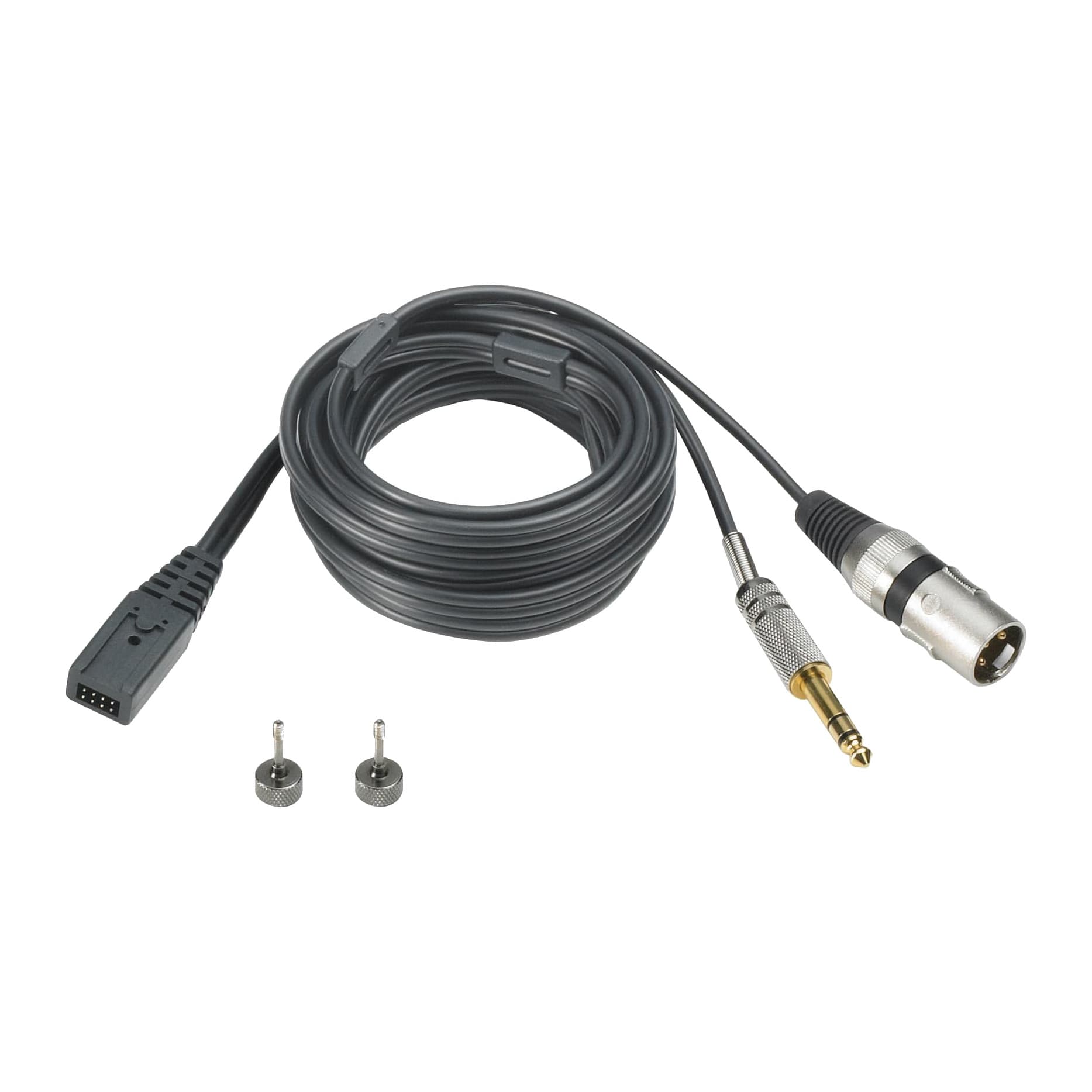 BPHS1 detachable cable with XLR and 6.3 mm jack plugs, plus spare screws