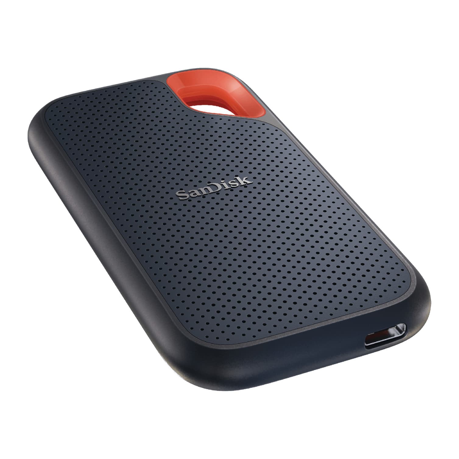 SanDisk Extreme Portable SSD V2 lying flat, showing the USB-C port at the bottom end