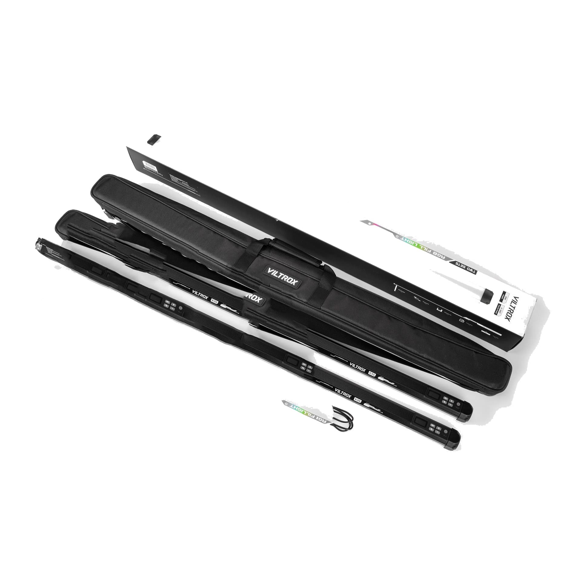 Viltrox K90 kit: two tube lights, carry bag, clips, USB-C cables and retail box