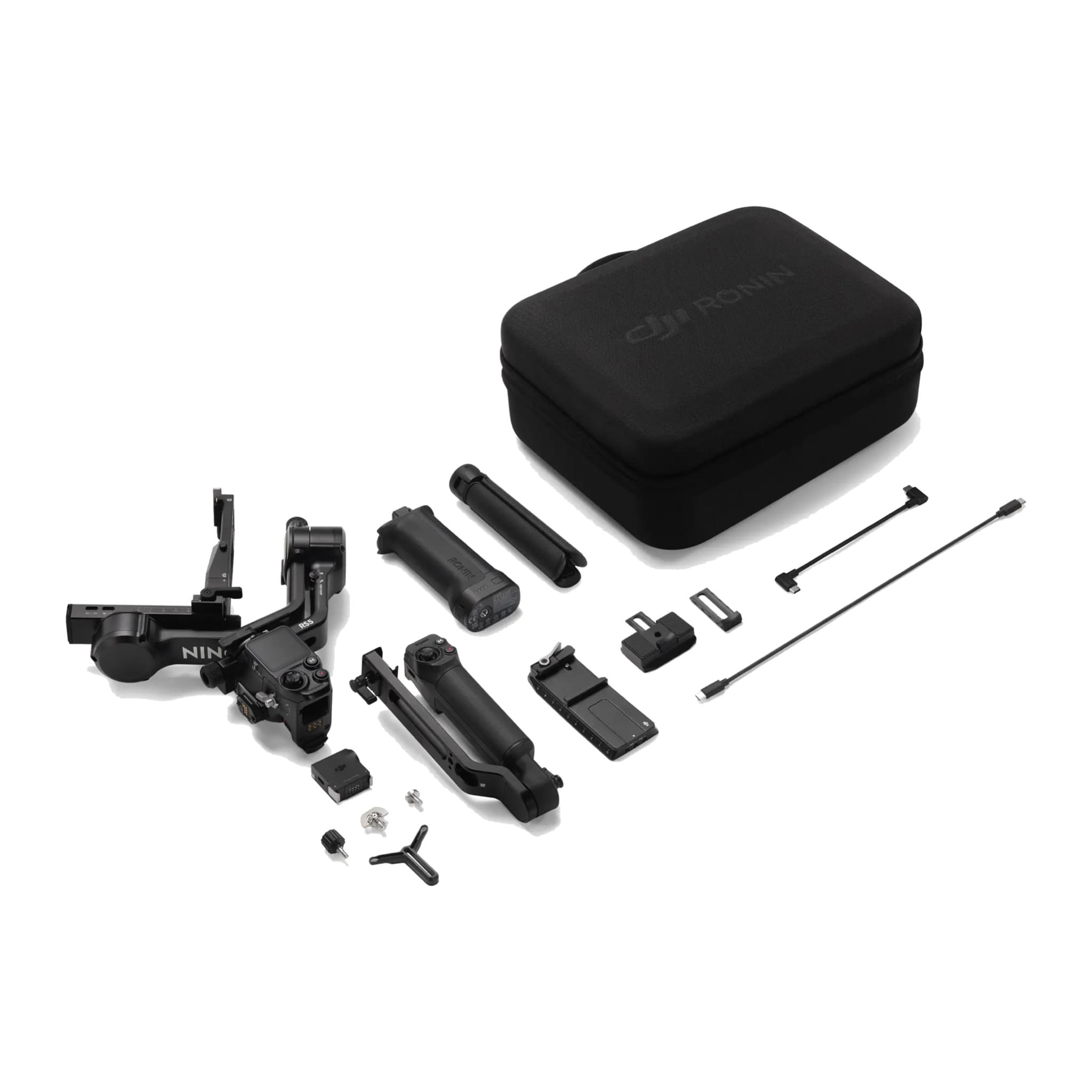 DJI RS 5 Combo contents laid out: gimbal, briefcase handle, grip, tripod, tracking module, cables, case
