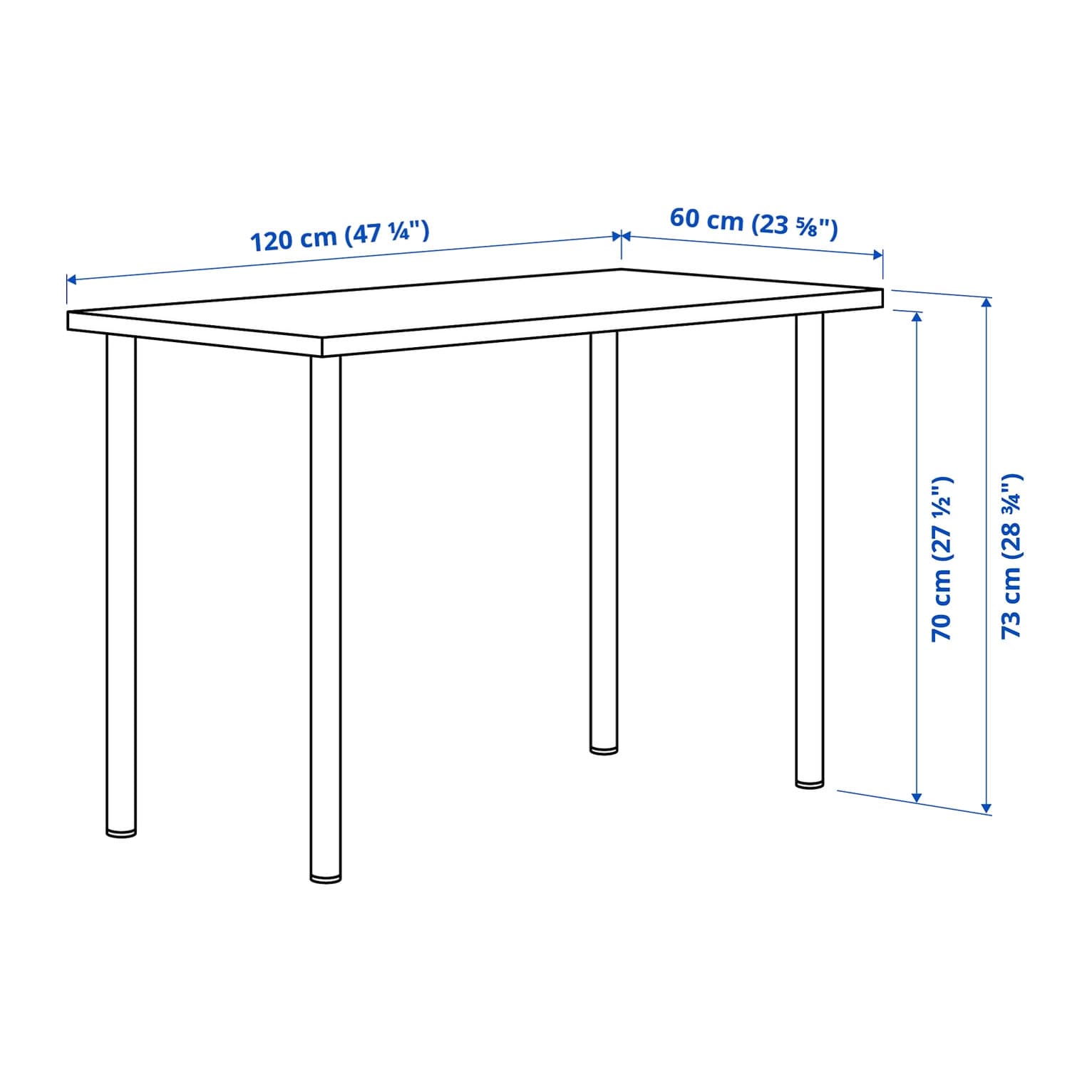 IKEA dimension drawing of the LAGKAPTEN / ADILS table: 120 x 60 cm top, 73 cm total height