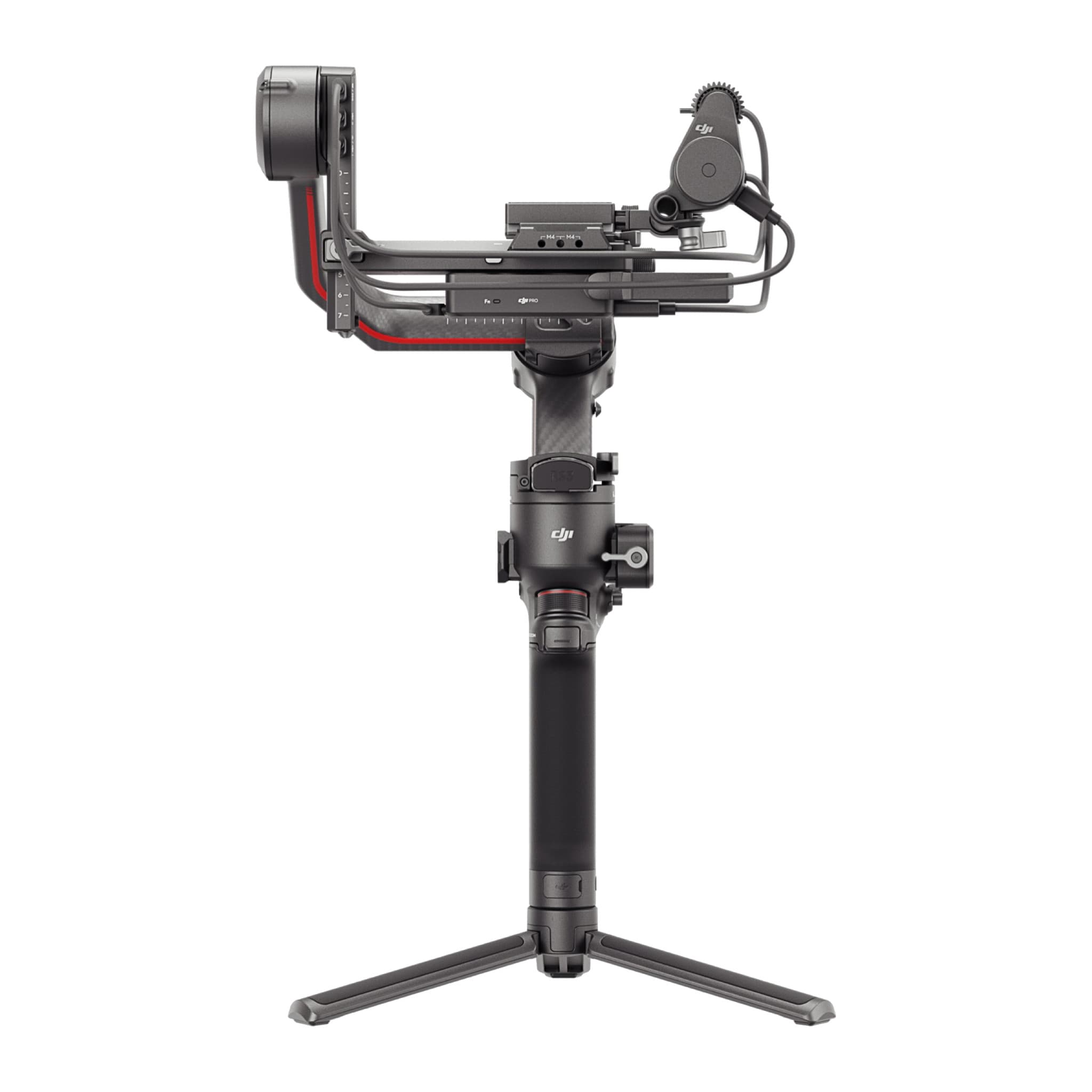 DJI RS 3 Pro gimbal front view without camera, with focus motor, carbon-fibre arms and tripod