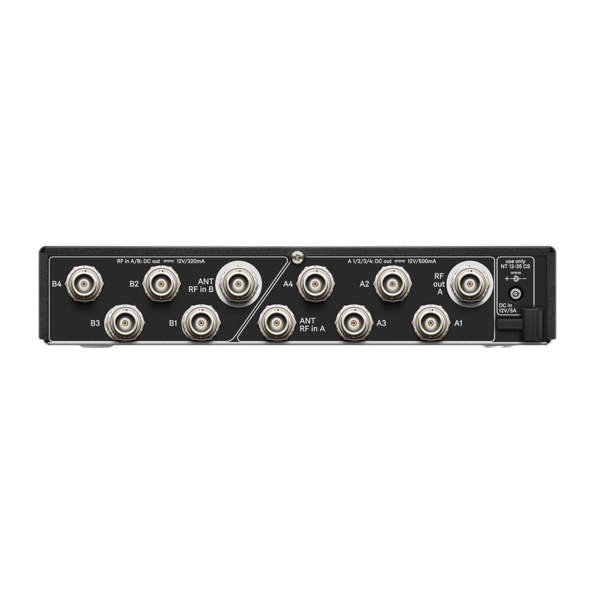 EW-D ASA rear panel: ANT RF in A/B, A1-A4 and B1-B4 BNC outputs, RF out A and 12 V DC input