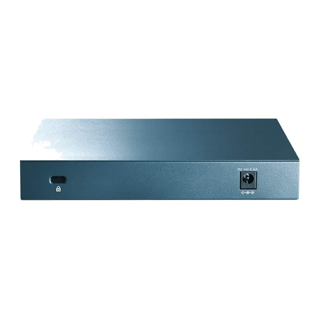 Rear of the TP-Link LS108G: security lock slot and DC power socket