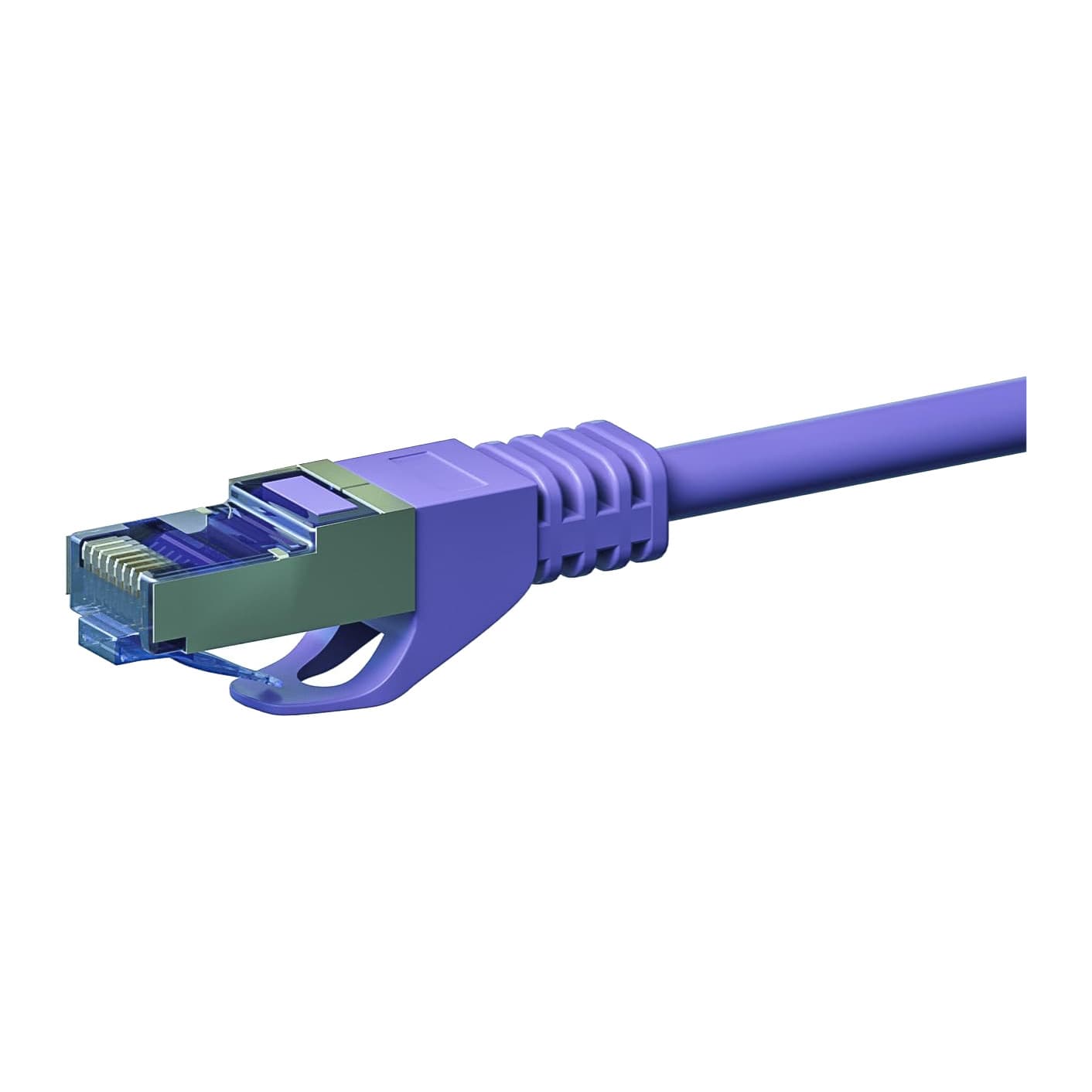 Danicom Cat6a S/FTP patch cable plug from below, showing the latch guard and shielded RJ45 body