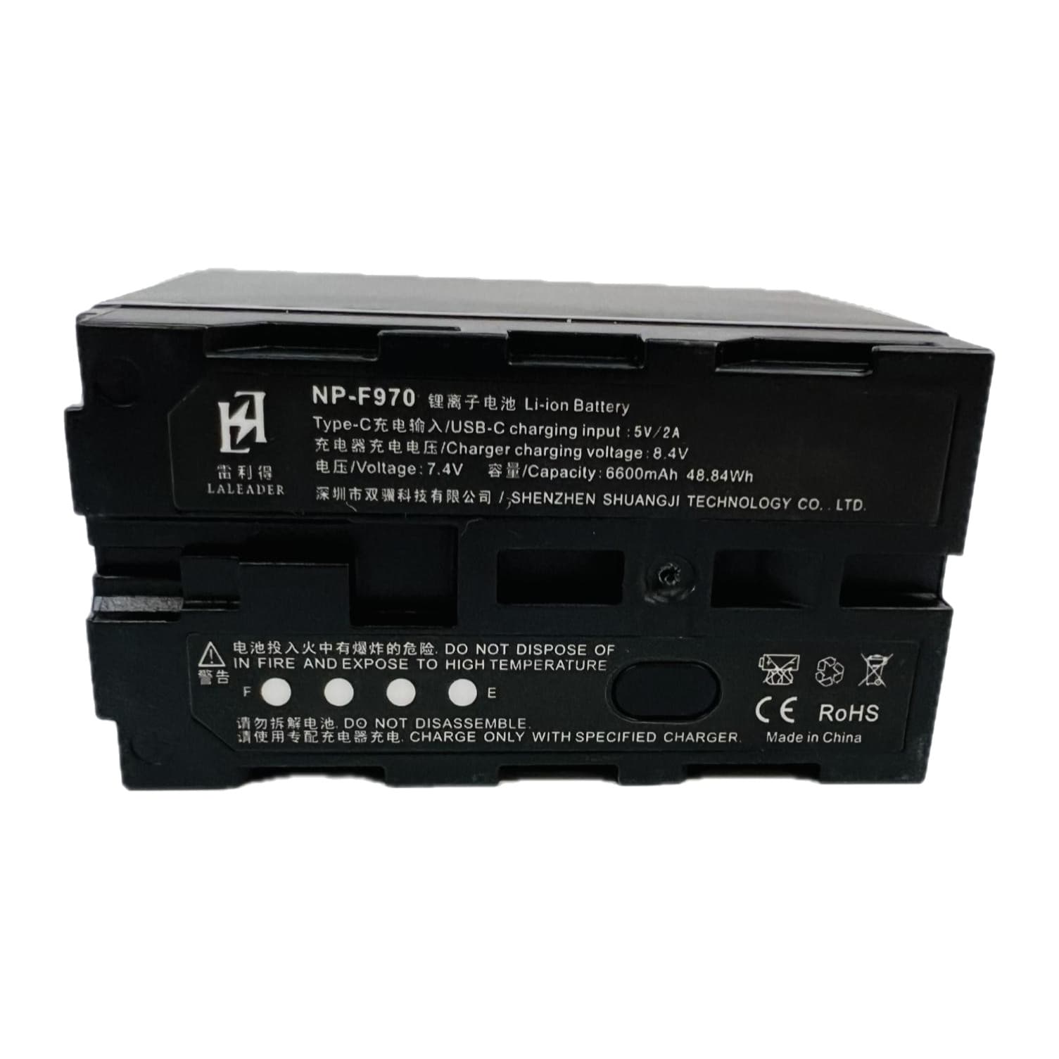 LALEADER NP-F970 battery label: 7.4 V, 6600 mAh, USB-C 5 V / 2 A input, four-LED charge gauge