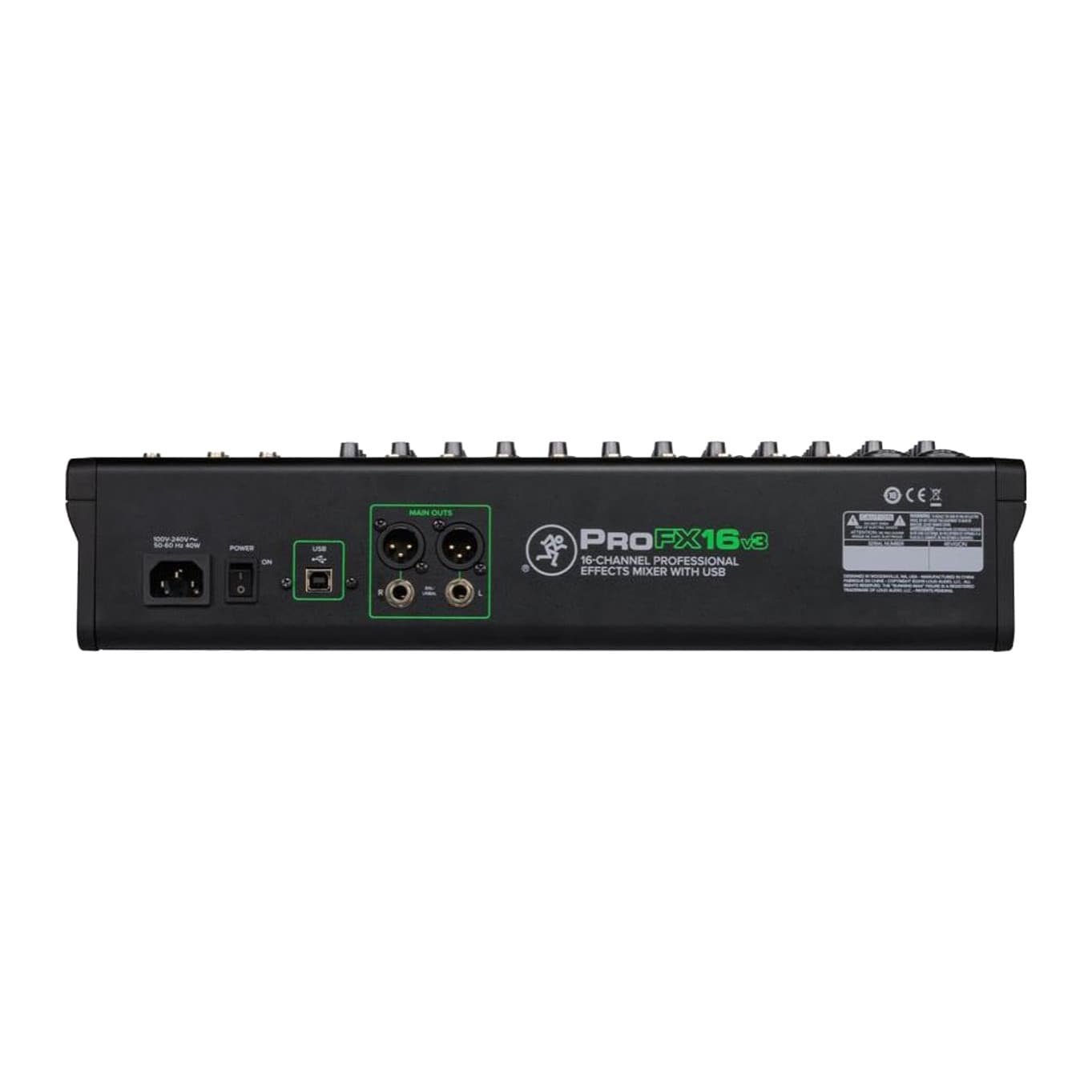 Mackie ProFX16v3 rear panel with power inlet, switch, USB port and main XLR outputs
