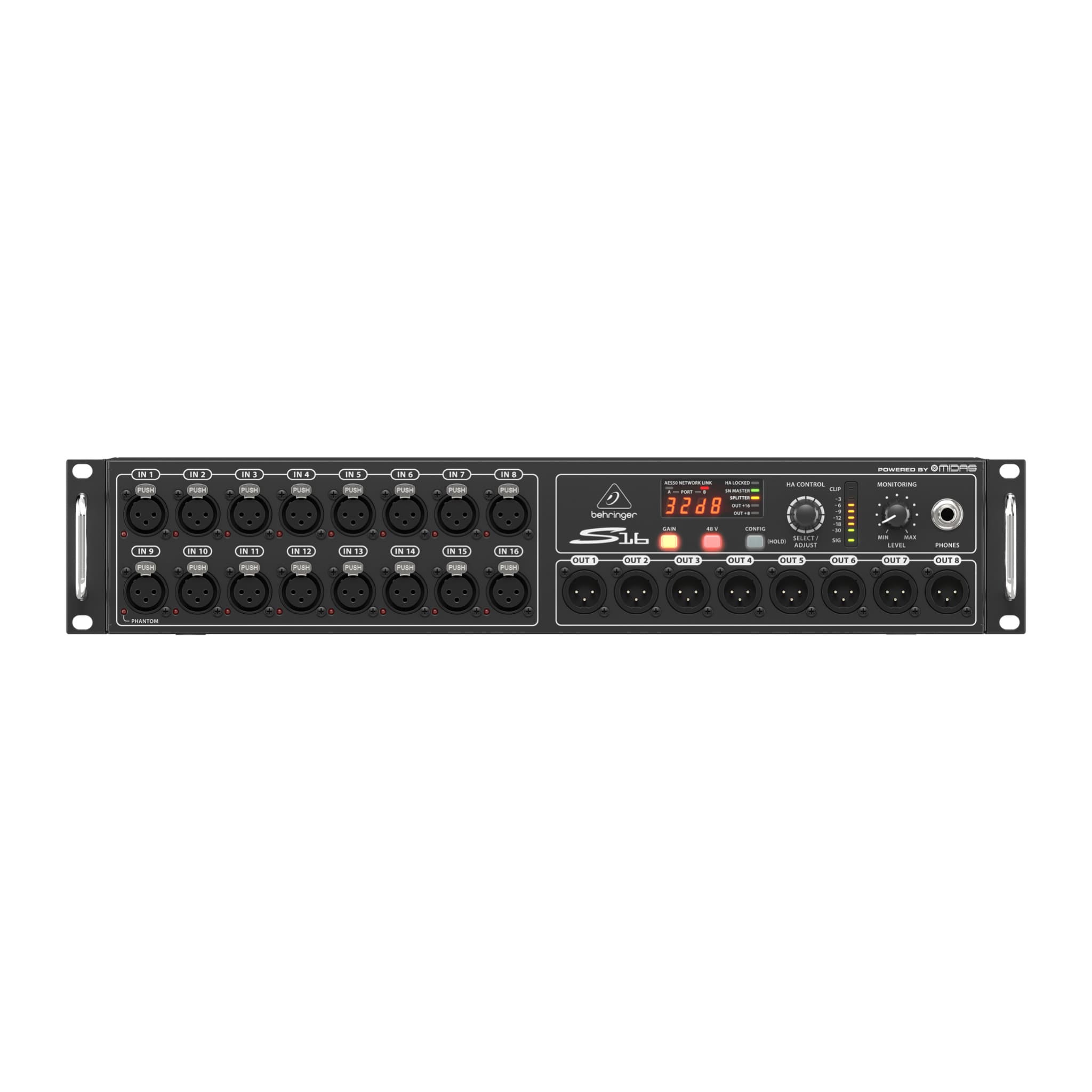 Behringer S16 front panel with 16 mic inputs, 8 outputs, gain display and phones monitoring