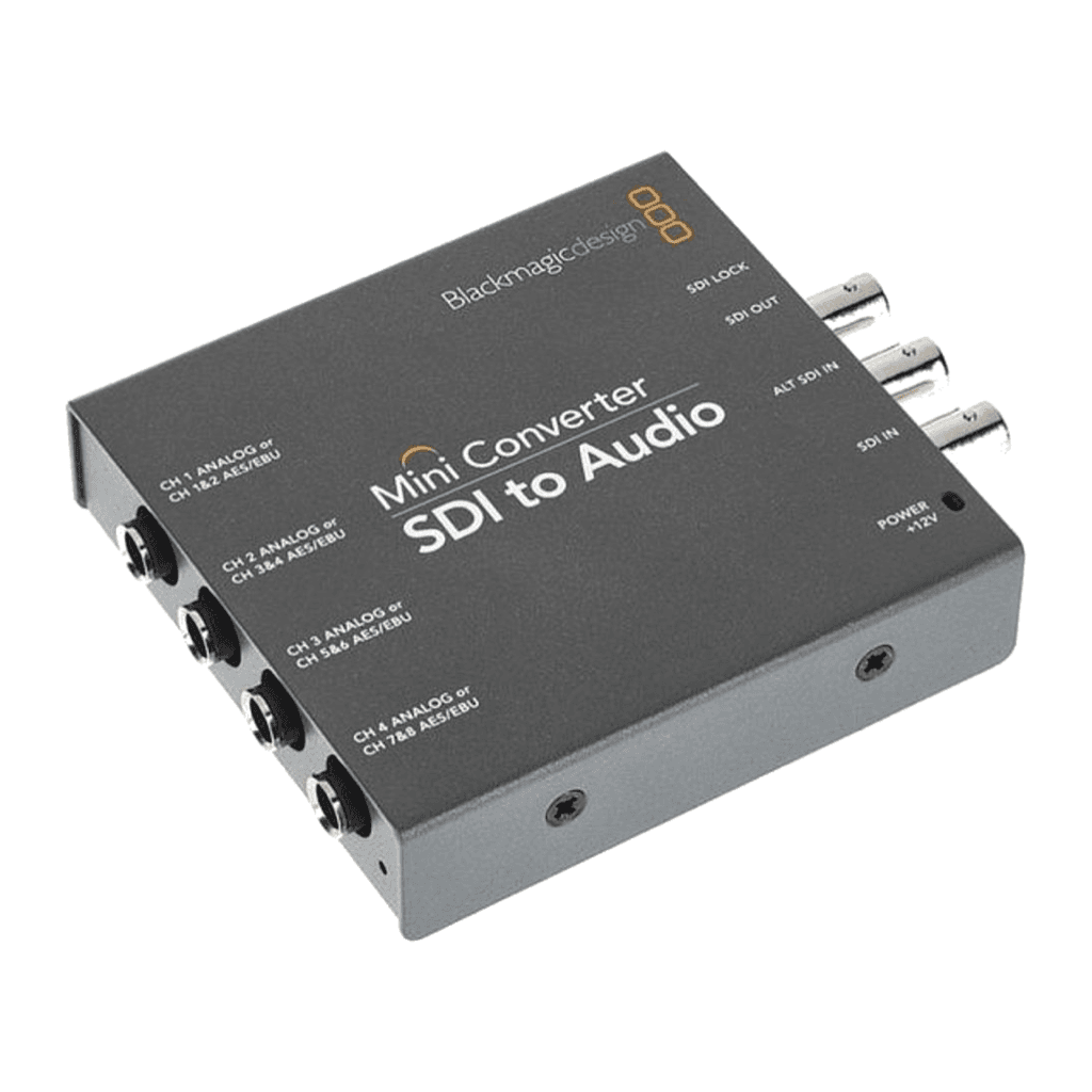 Blackmagic Mini Converter SDI to Audio, angled view of four audio jacks and SDI connectors