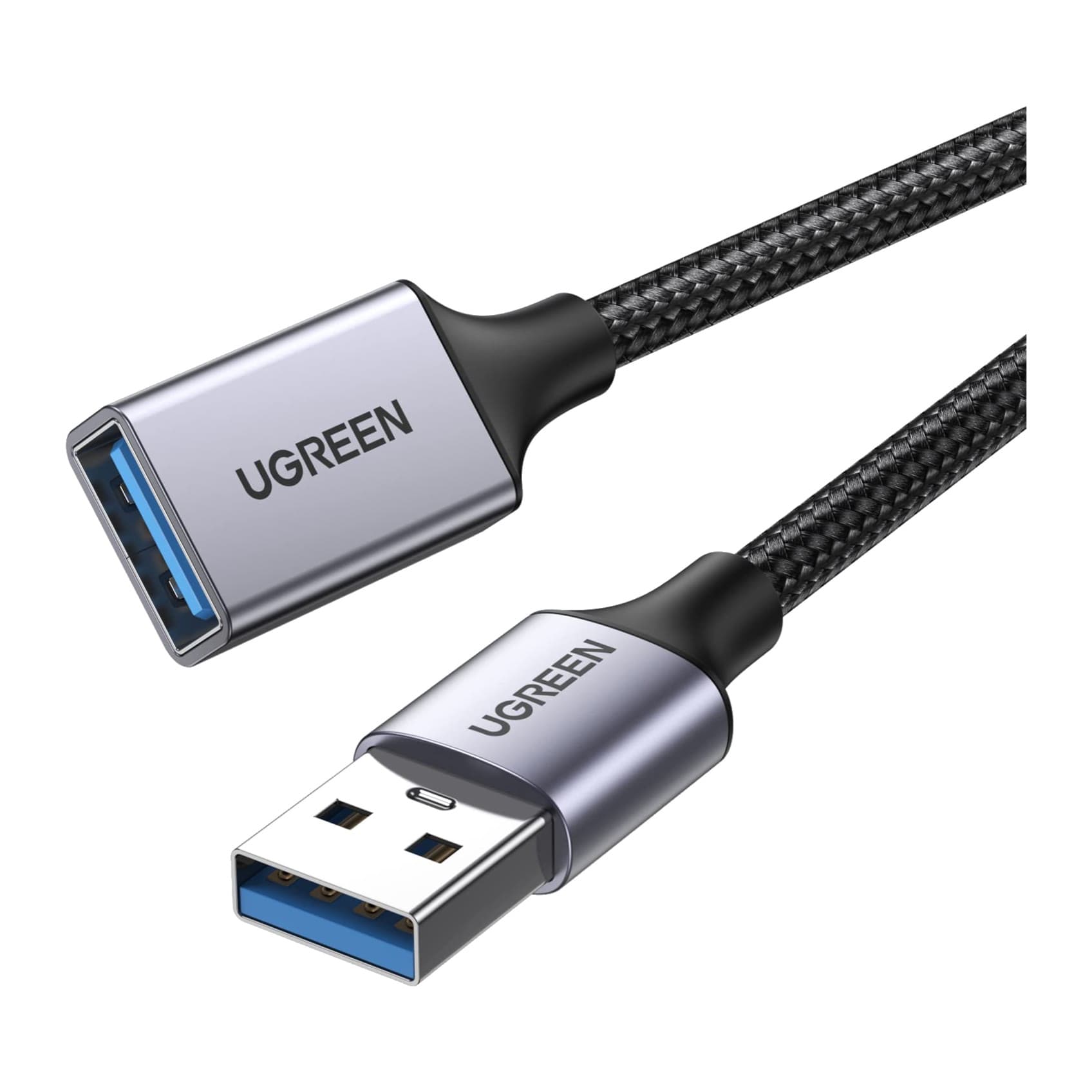 Close-up of the UGREEN USB-A female socket and USB-A male plug on the braided extension cable